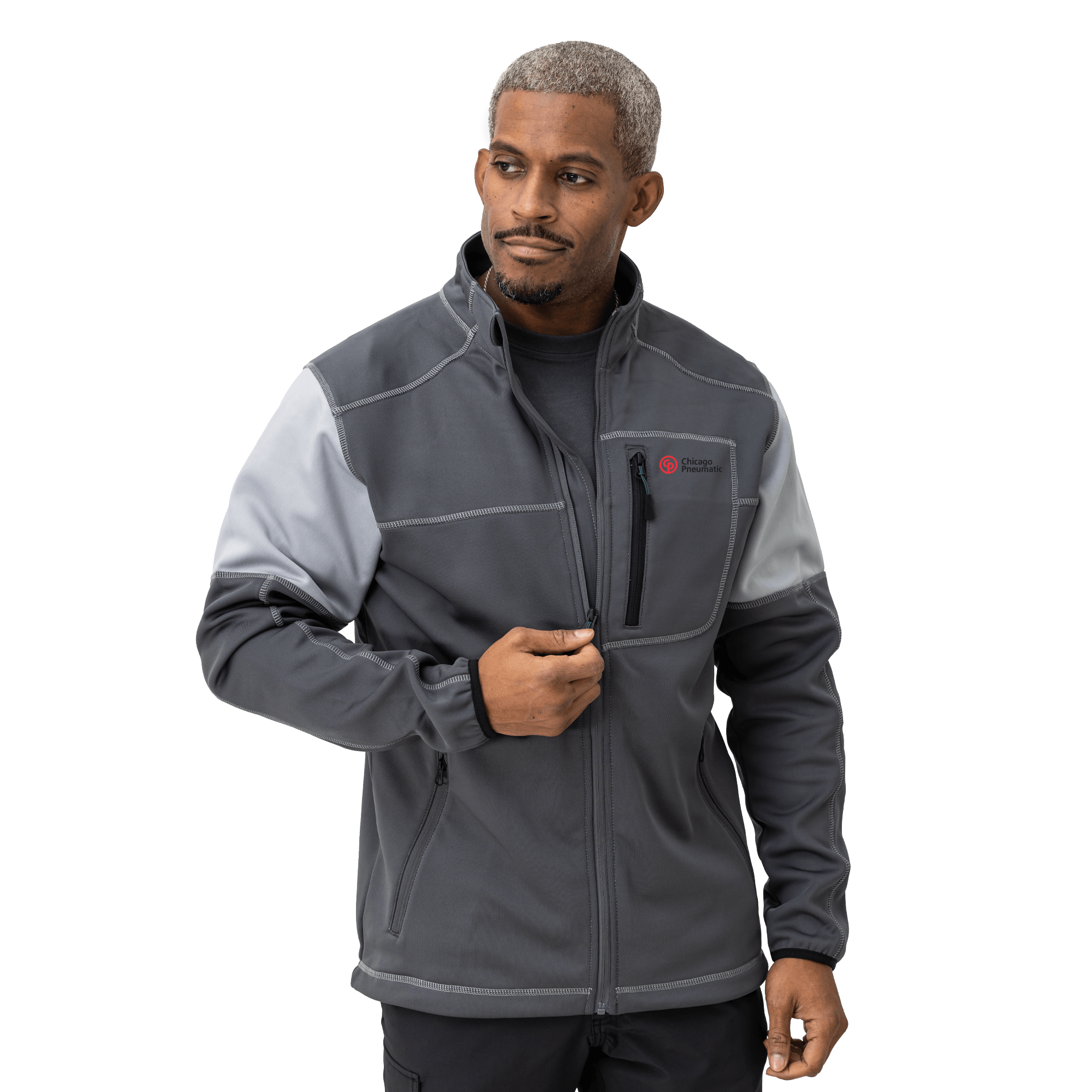 grey work fleece on male model with chicago pneumatic logo