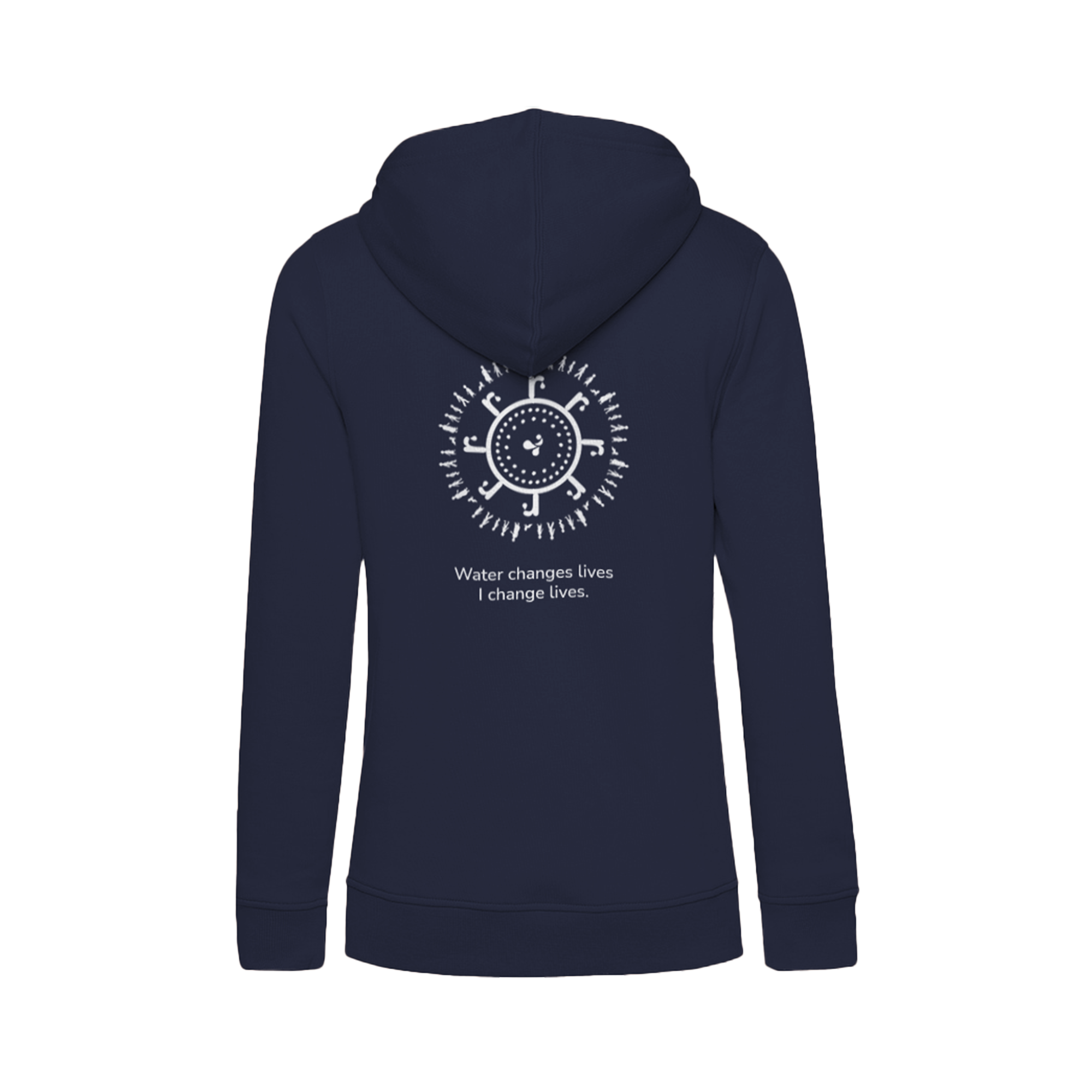 navy hoodie with gtrw pattern and water for all logo on the back