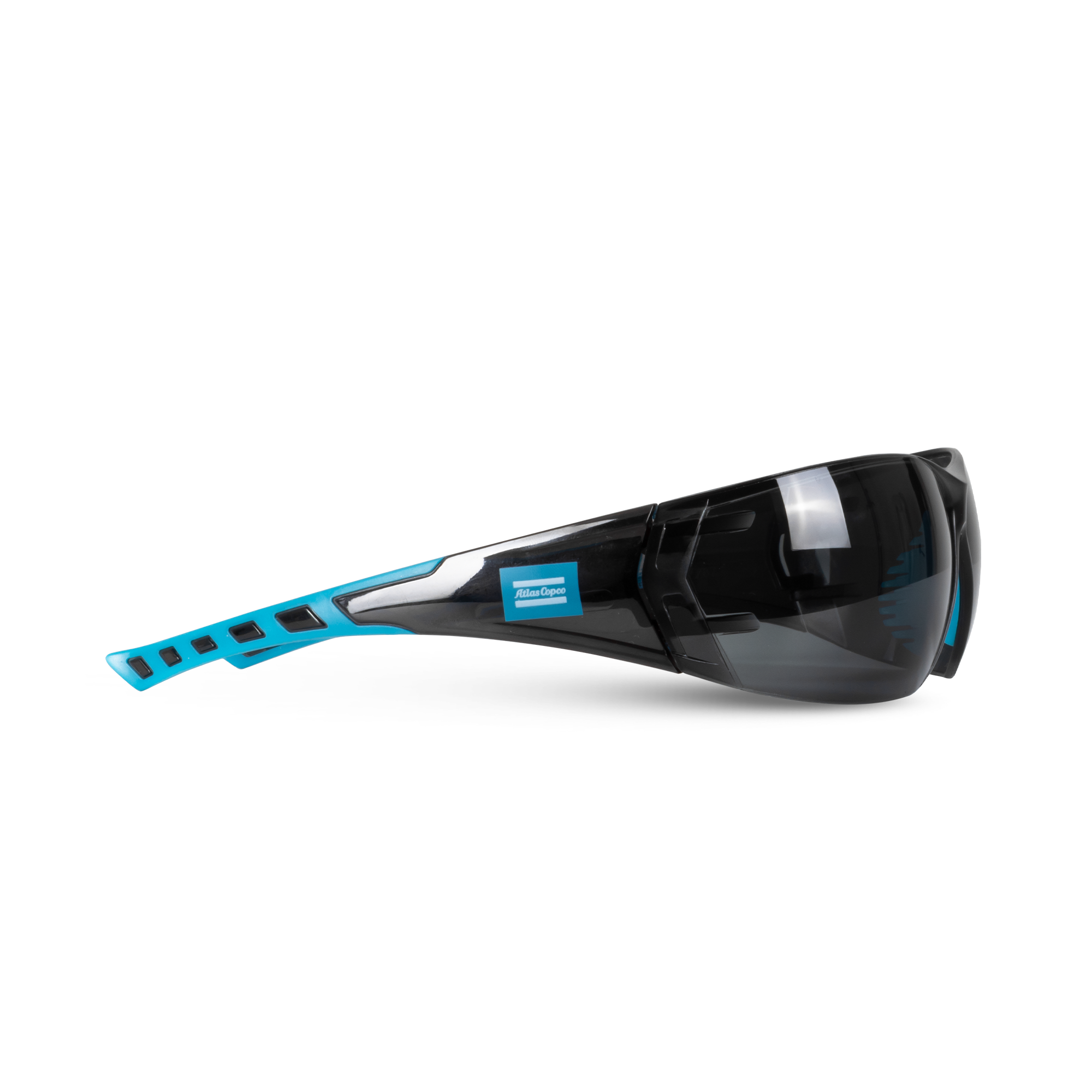 black and blue safety goggles and atlas copco logo
