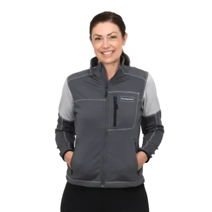 grey work fleece on female model