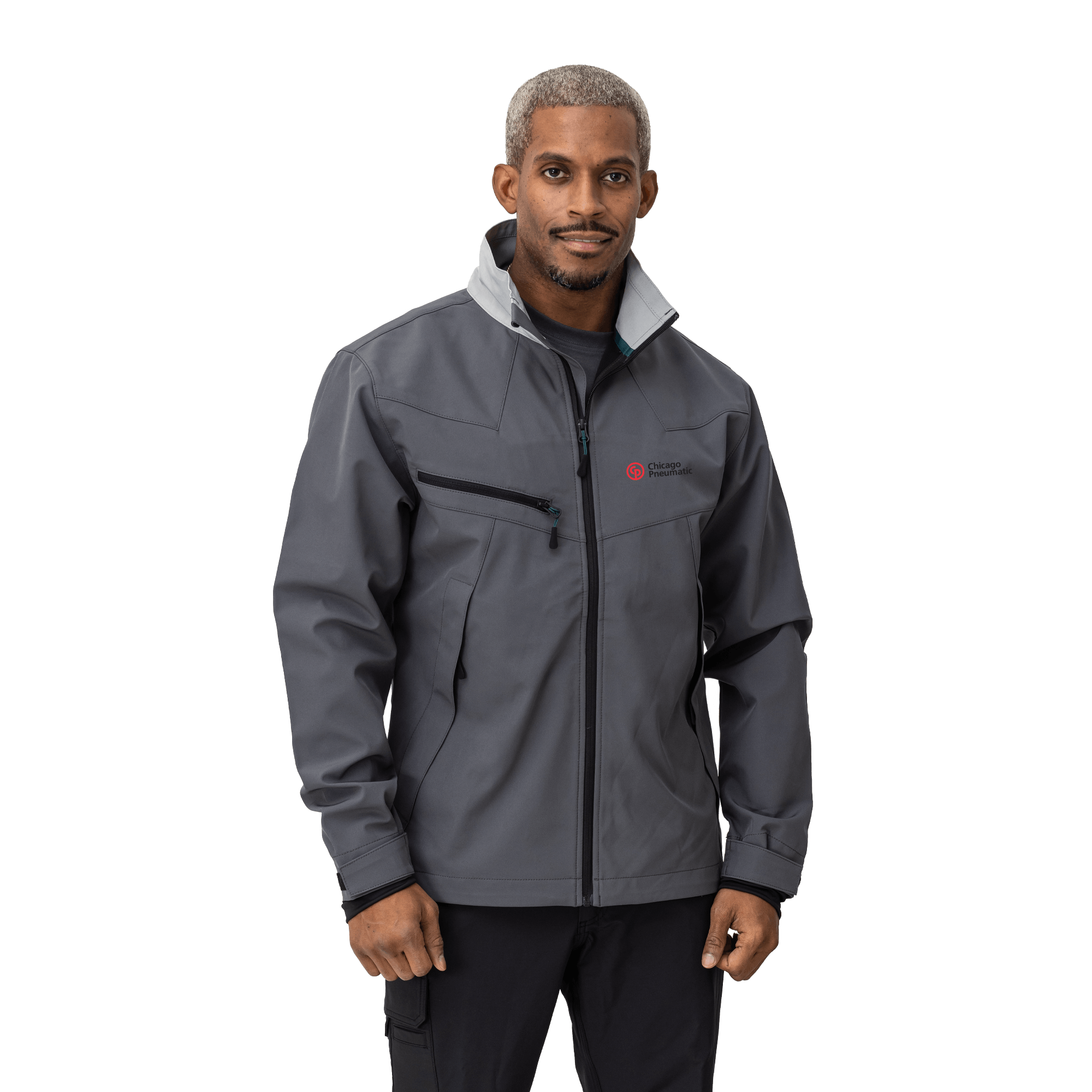 grey work wear jacket on male model with chicago pneumatic logo