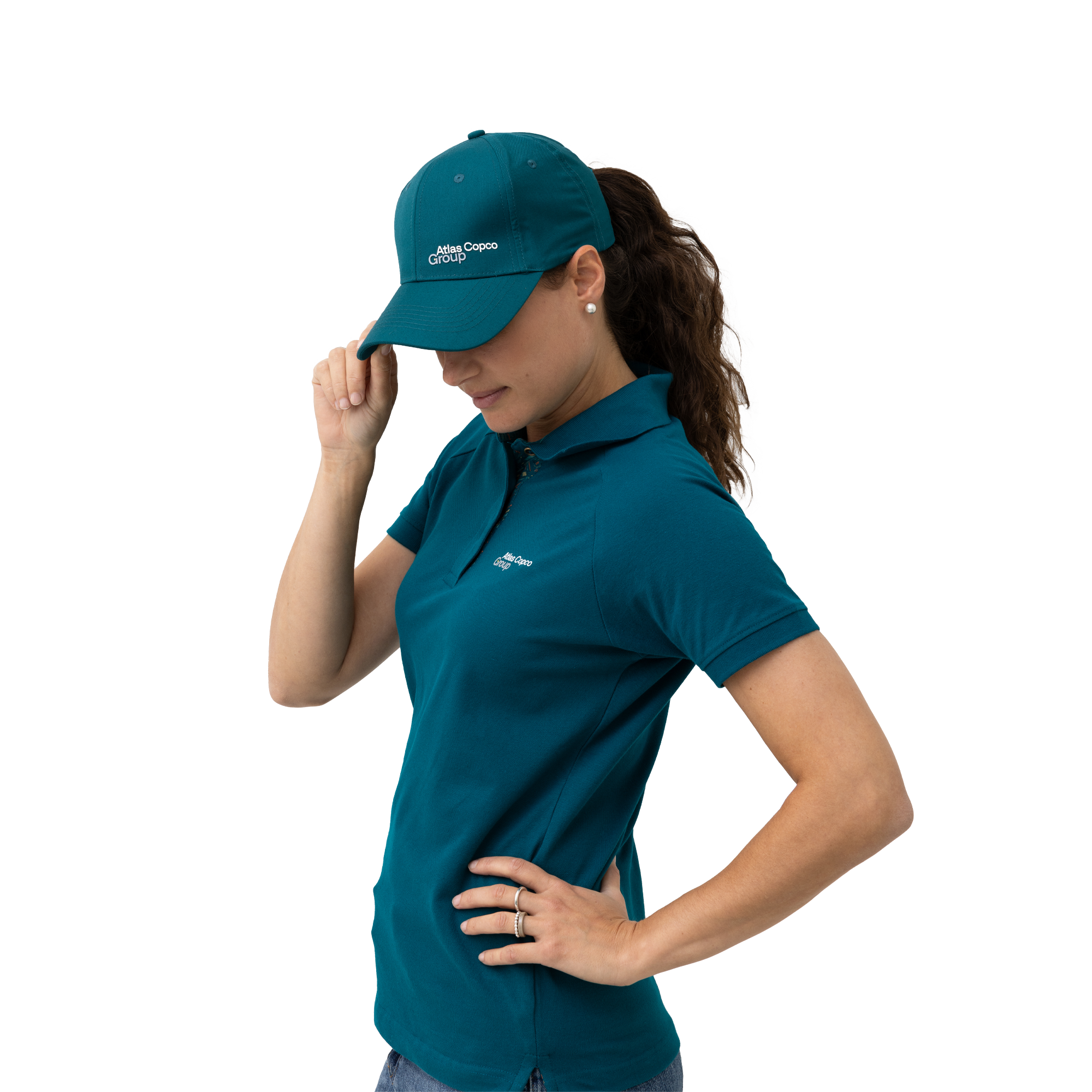 teal atlas copco group cap with white logo
