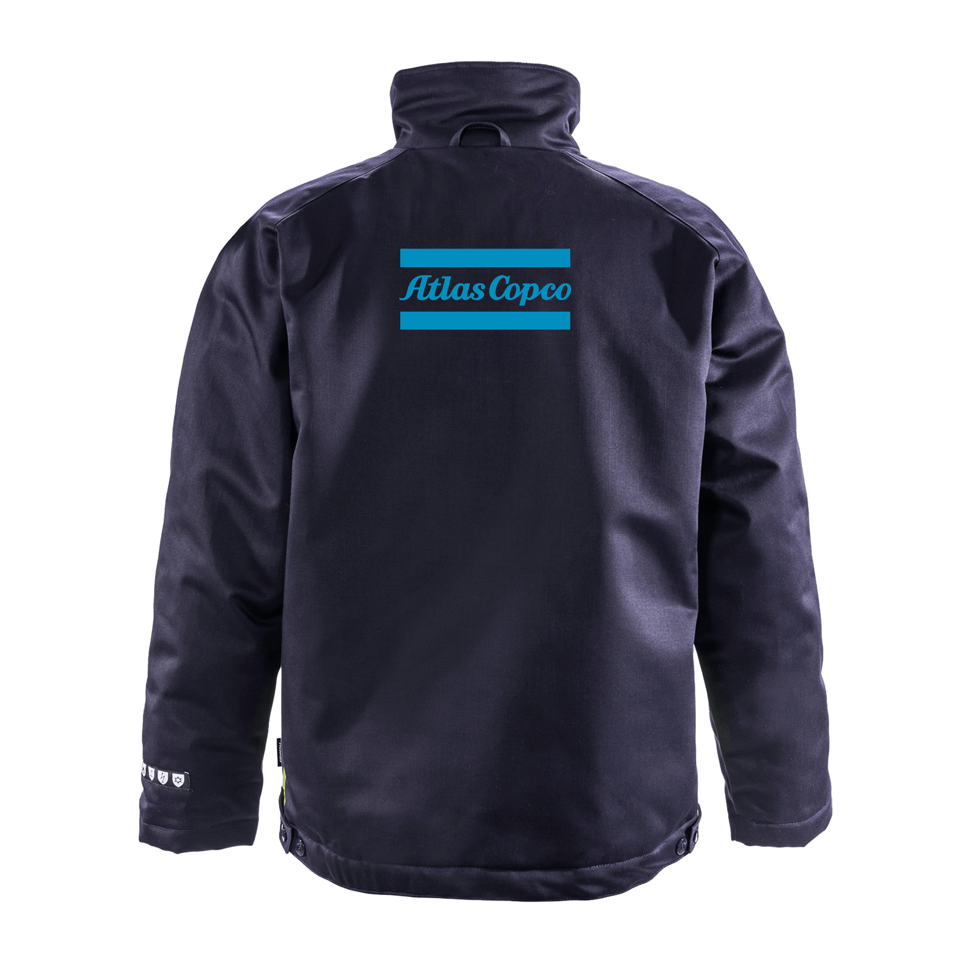 blue jacket with atals copco logo