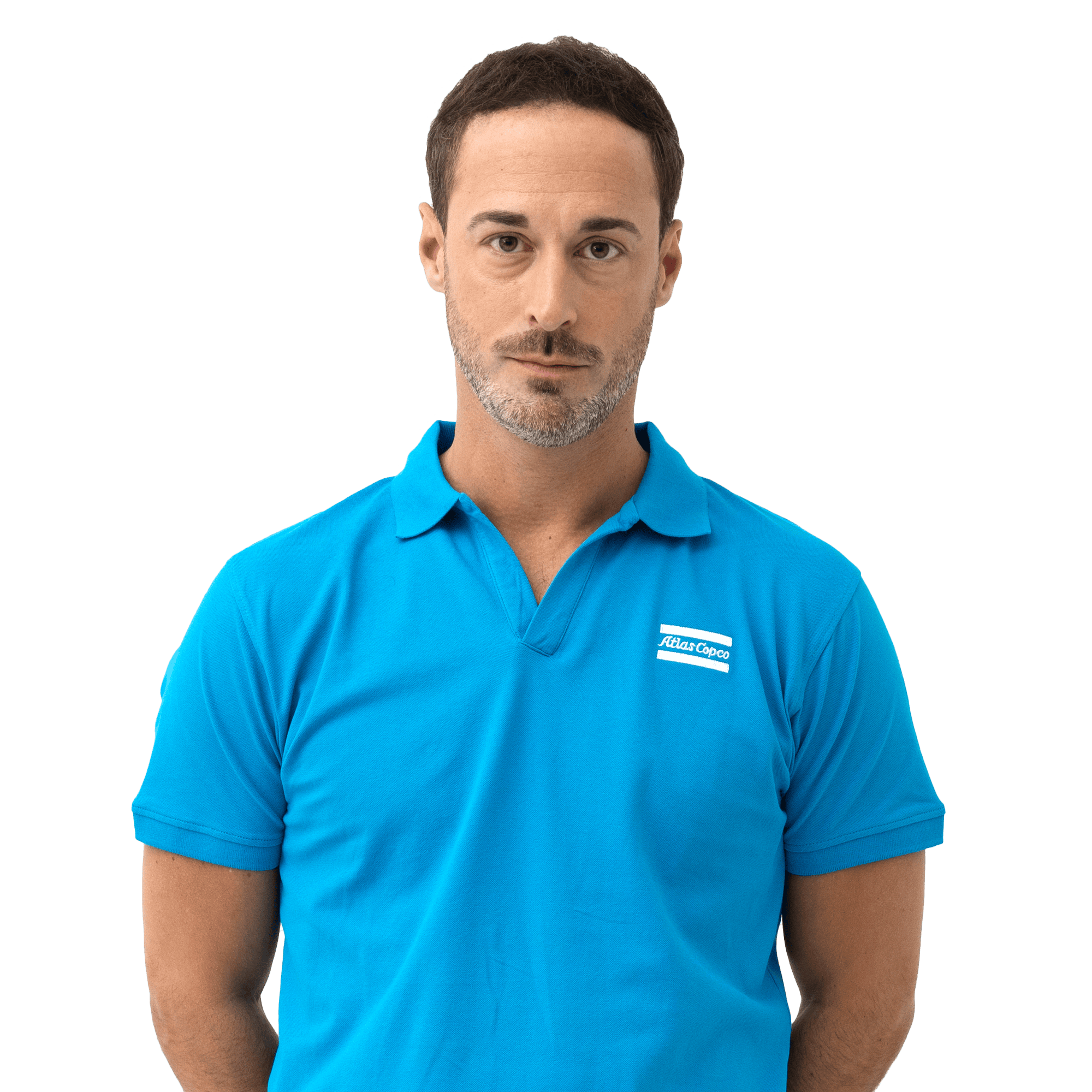blue polo with atlas copco logo in white
