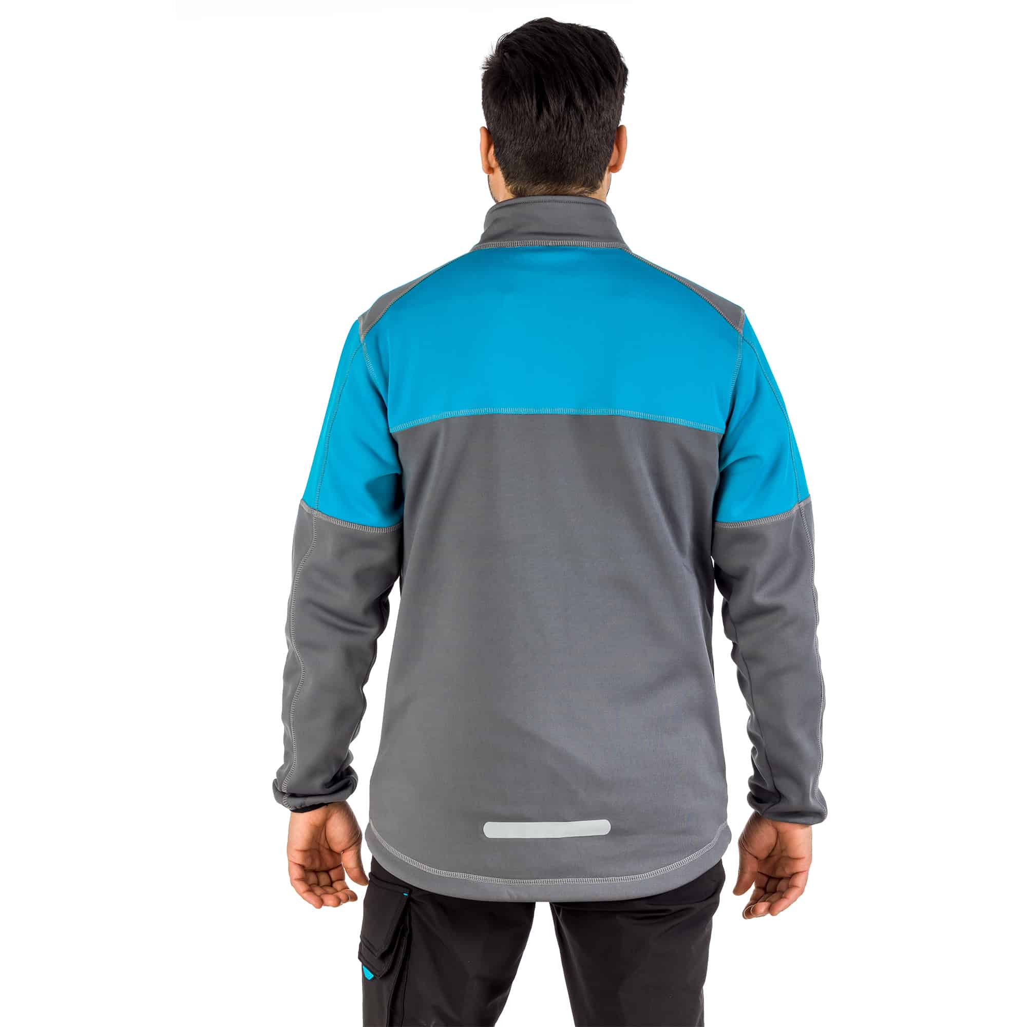 grey fleece jacket with reflective strip on back