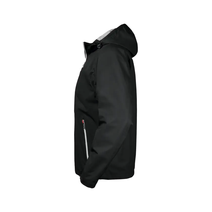 black winter jacket with white edwards logo side view