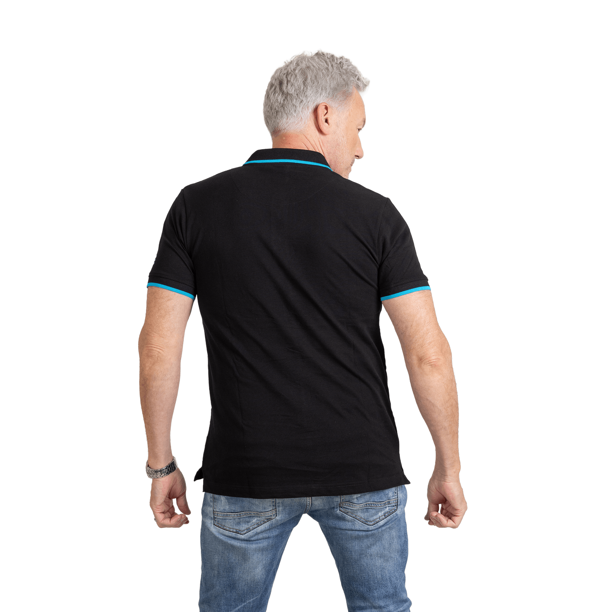 Man wearing black polo shirt with blue details