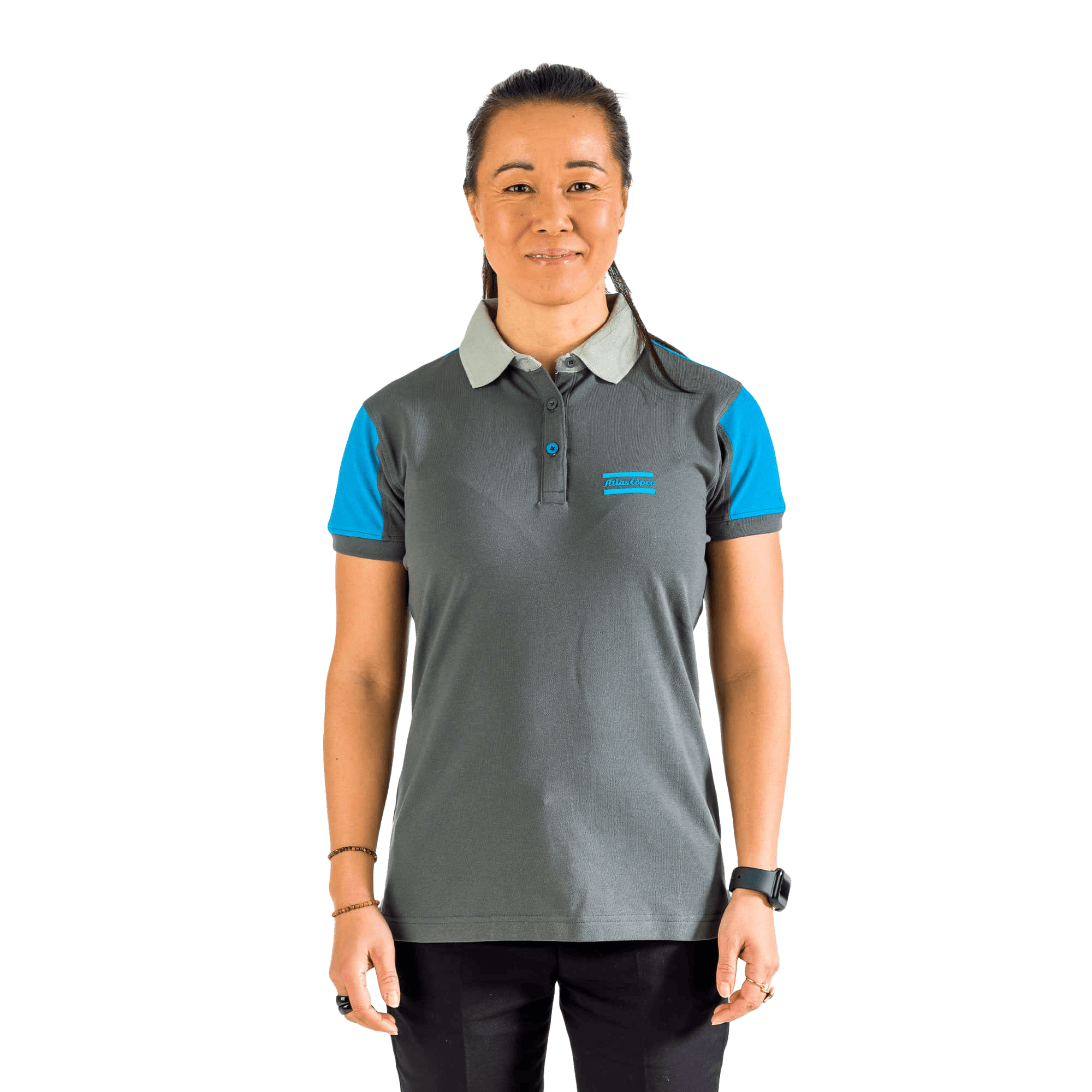womens grey polo with blue shoulders and atlas copco logo
