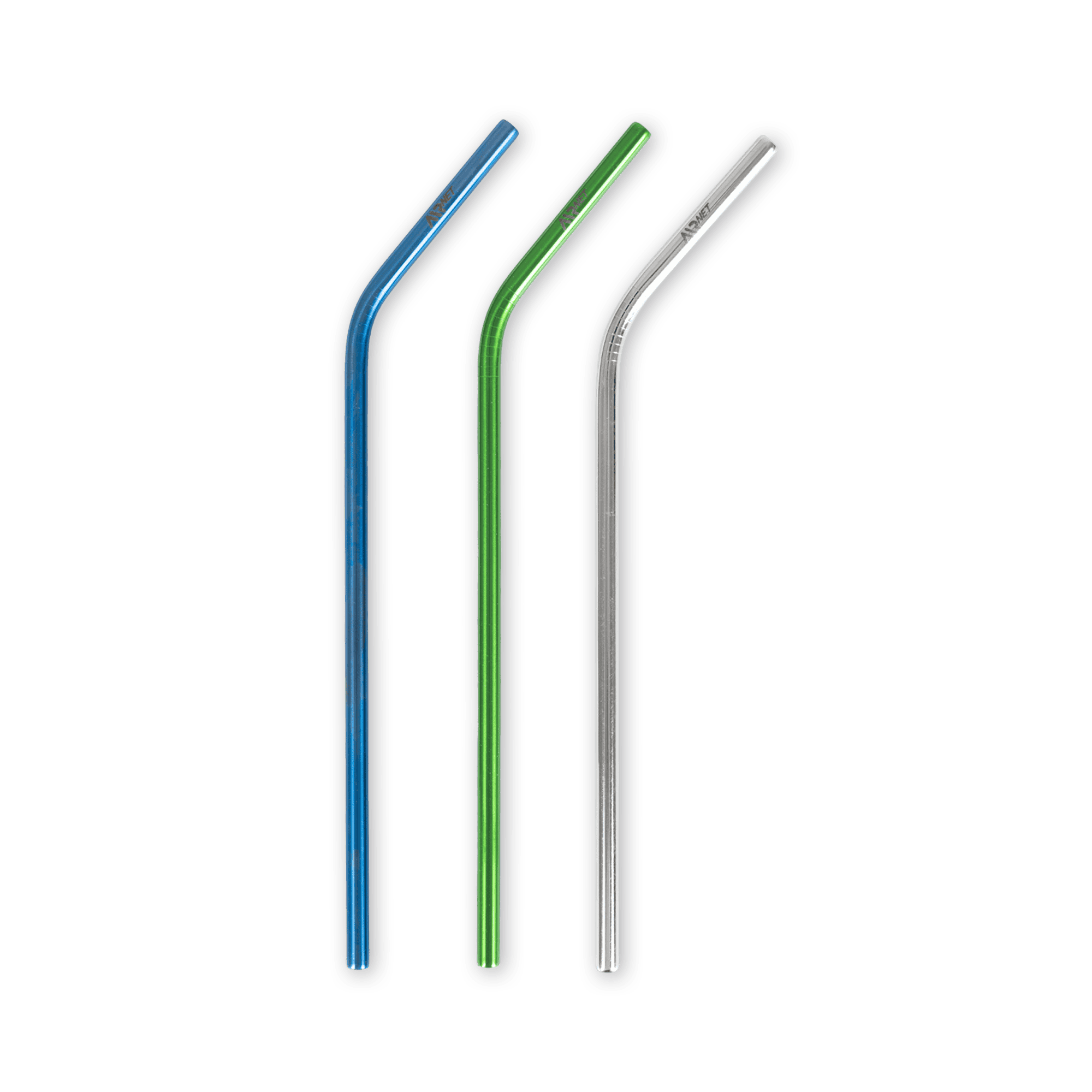 three metallic straws with air net logo