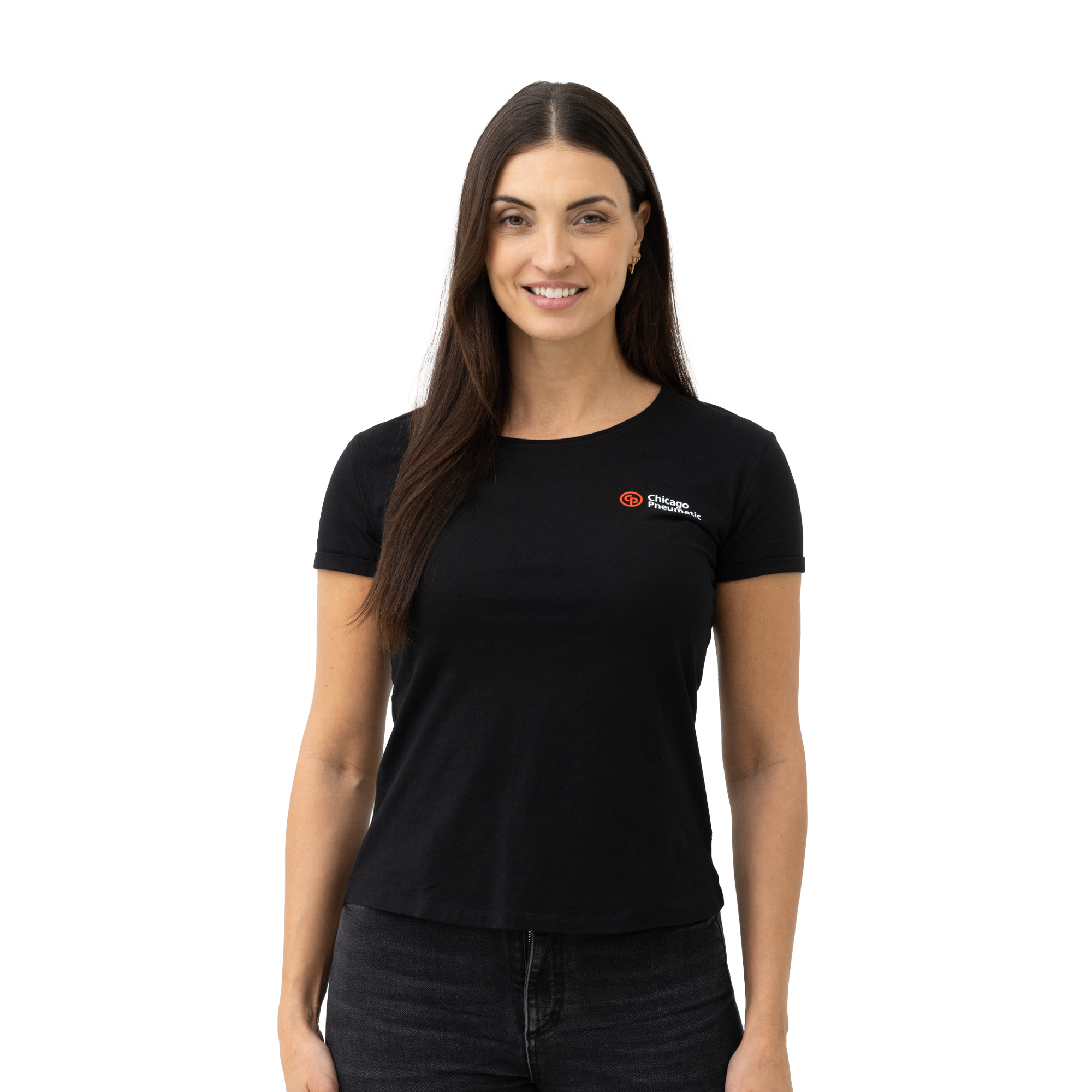 black t-shirt with chicago pneumatic logo in white and red on female model