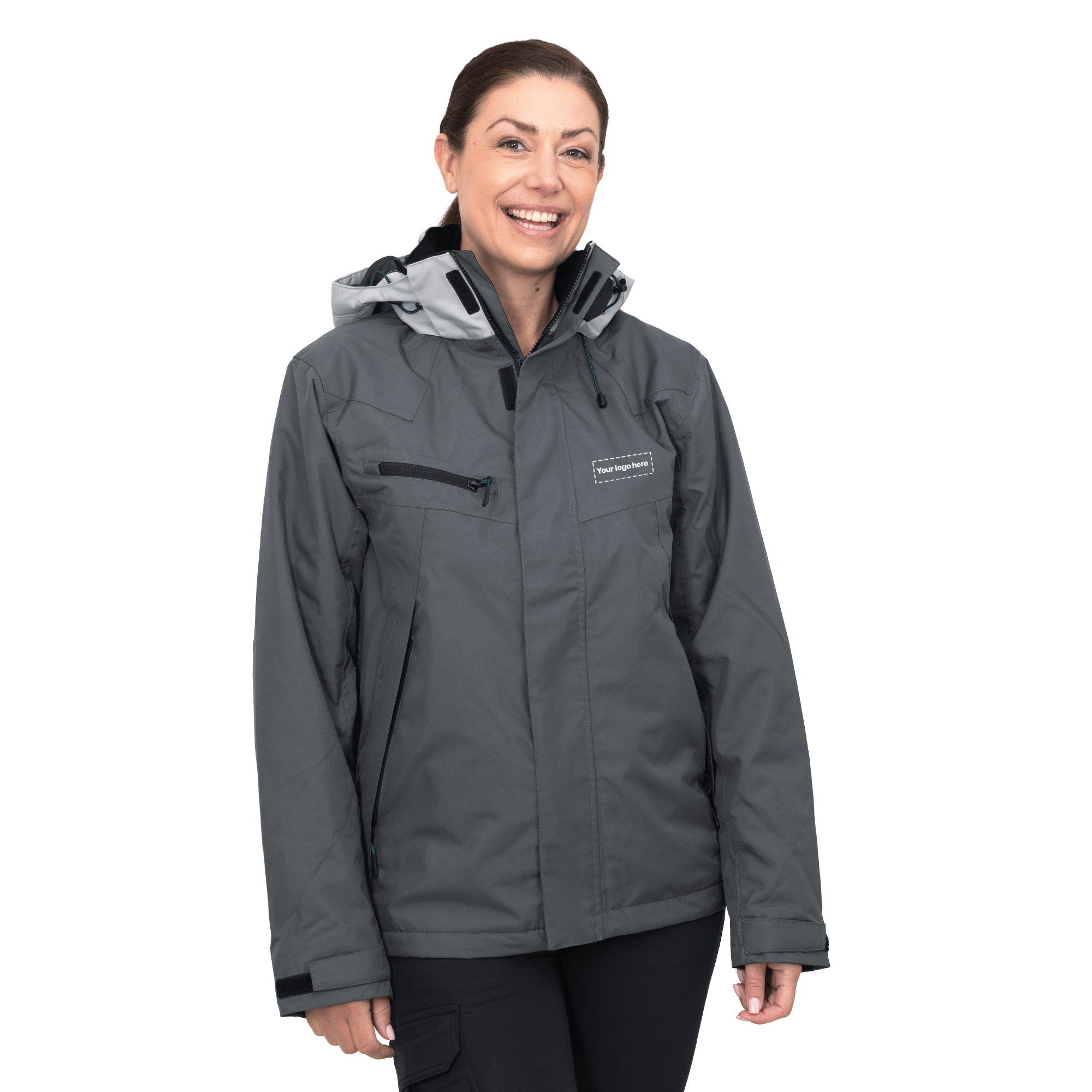 grey work wear jacket on female model
