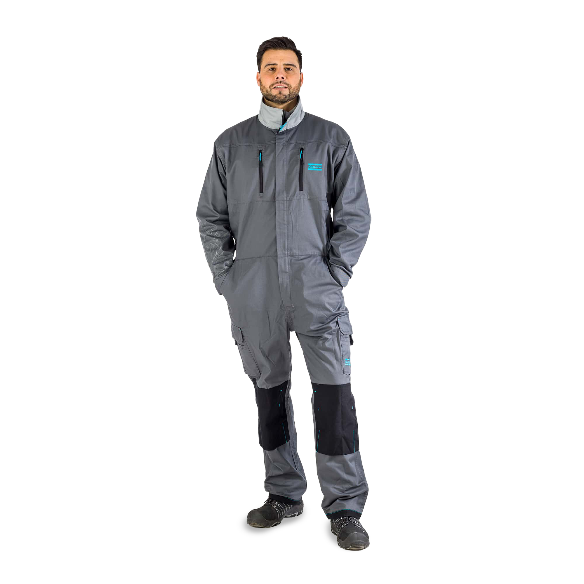 grey coverall with atlas copco logo