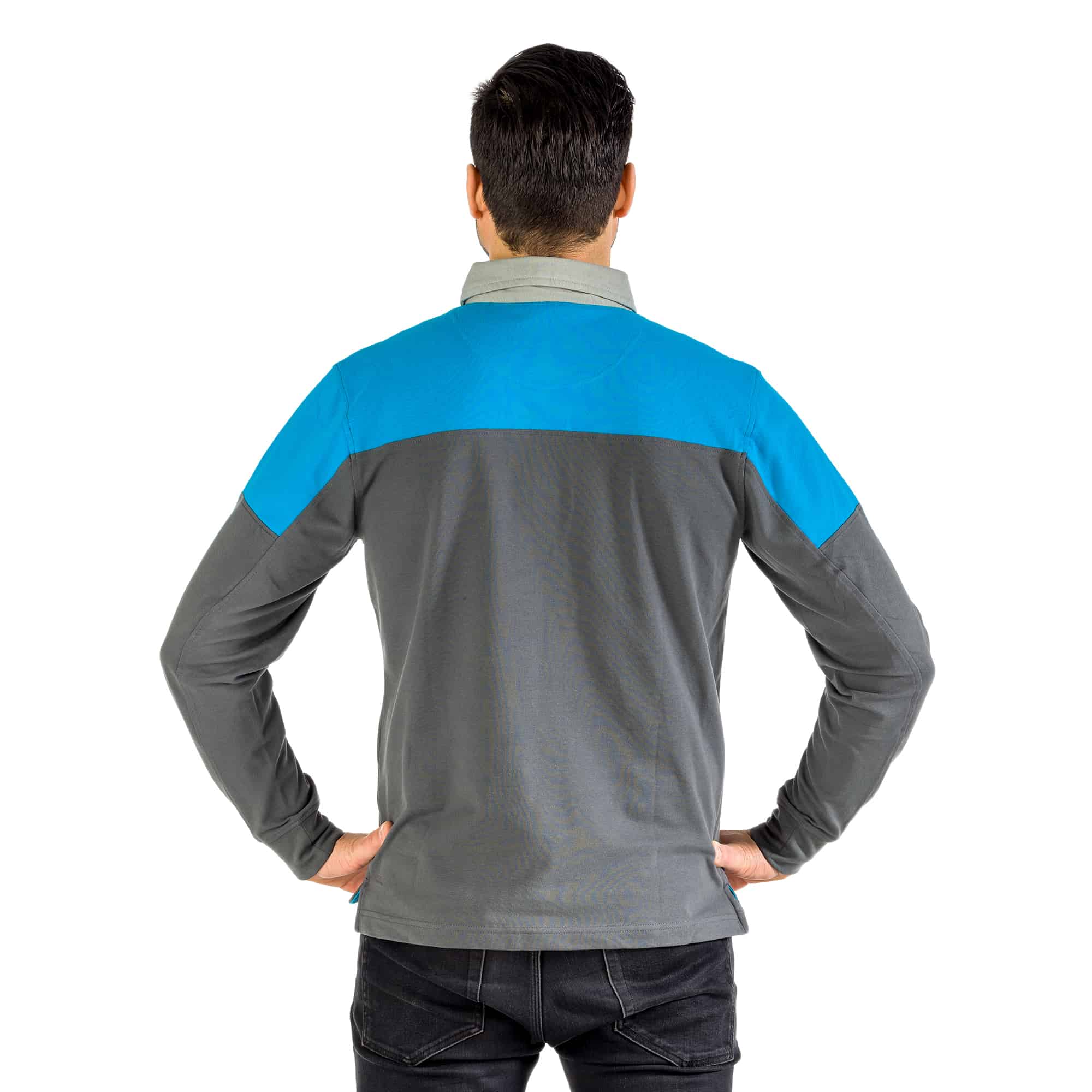 grey polo with blue shoulders 