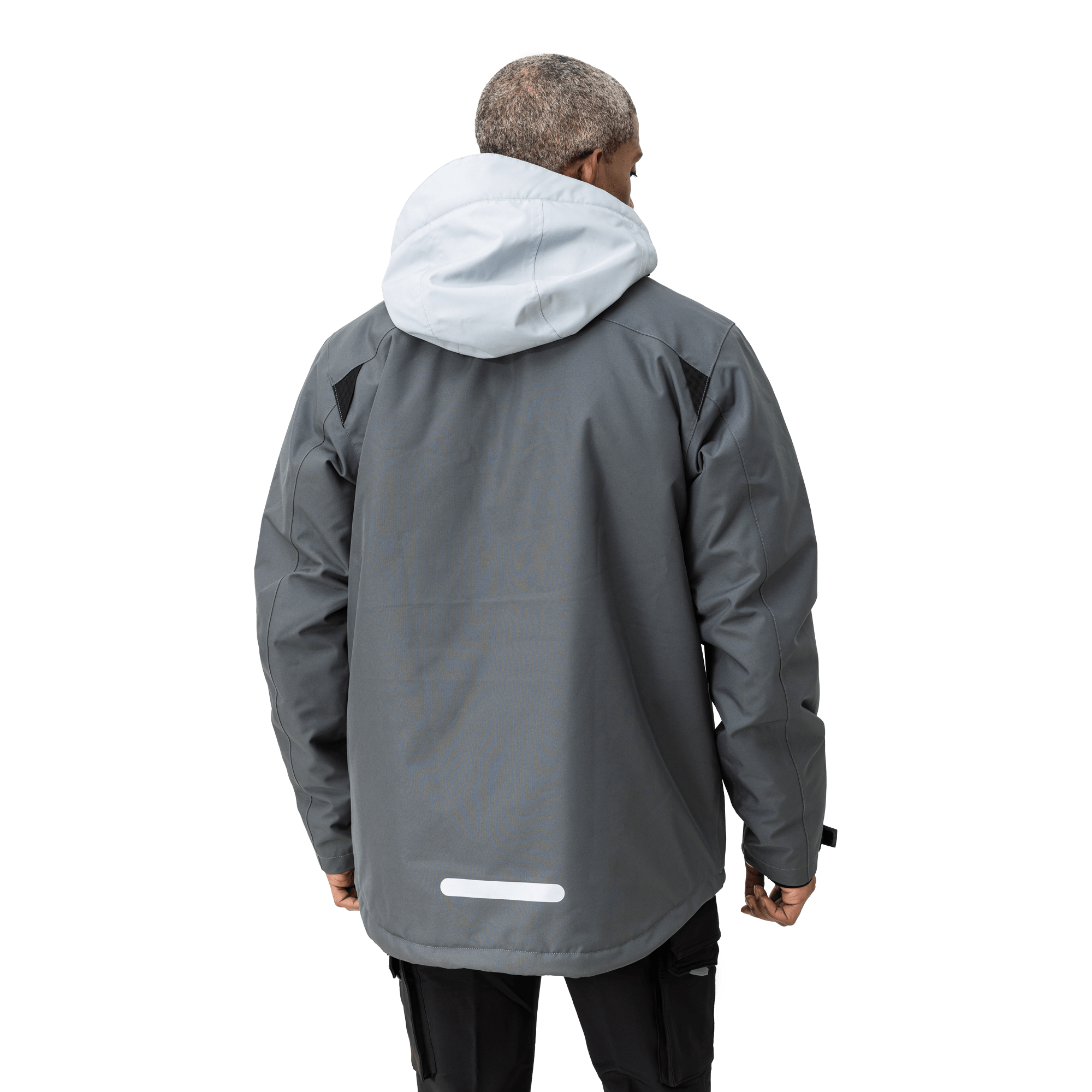 grey work wear jacket on male model from back