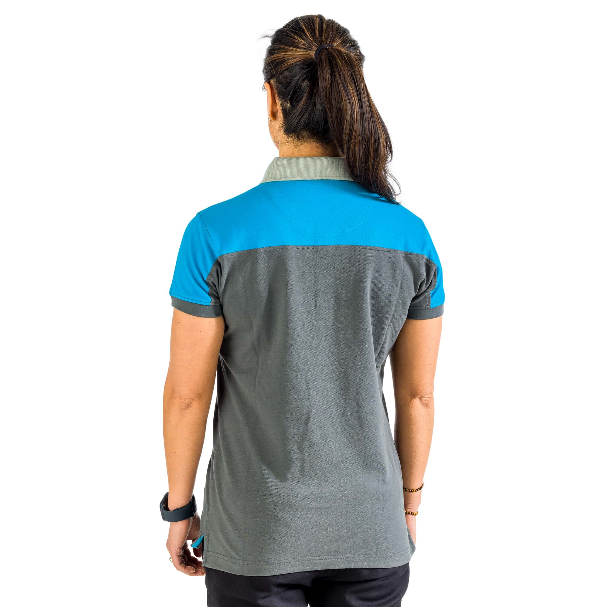 grey polo with blue shoulders