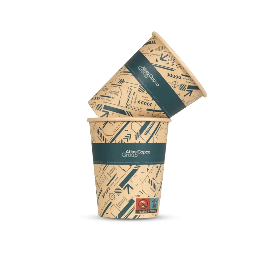 atlas copco group paper cups with teal pattern