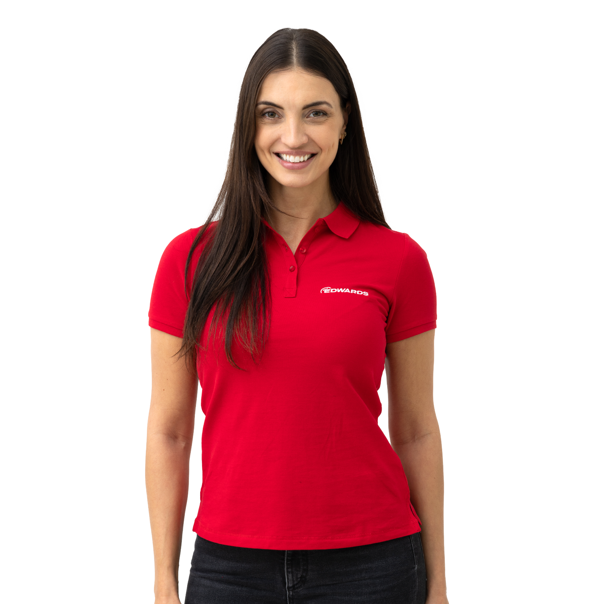 red polo shirt with white edwards logo on female logo