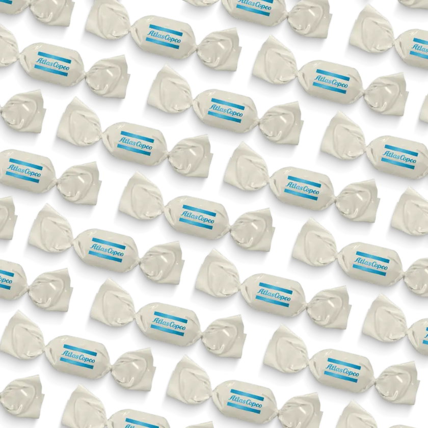Candy with atlas copco logo flavour display