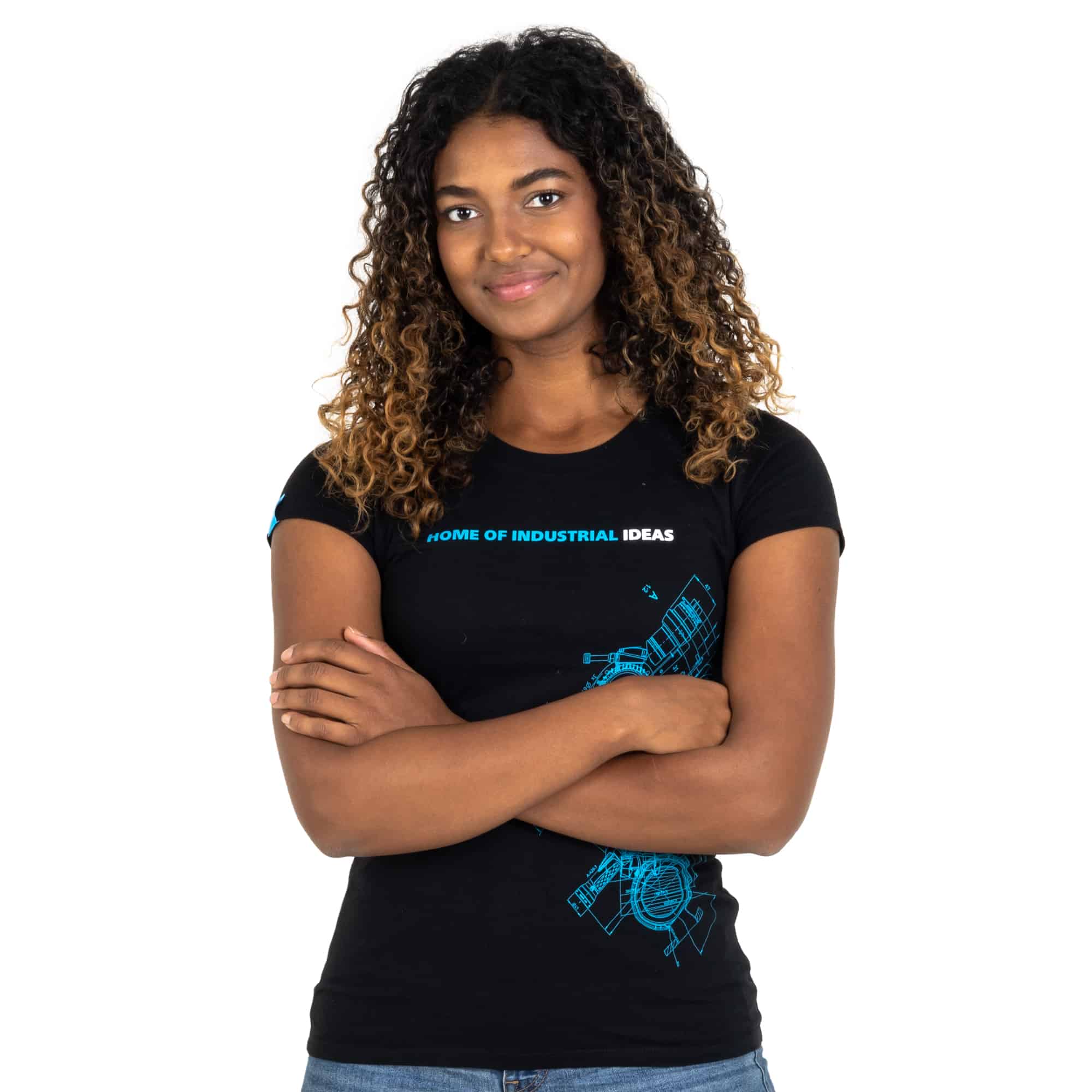 Black atlas copco tshirt with blueprint pattern and home of industrial ideas quote