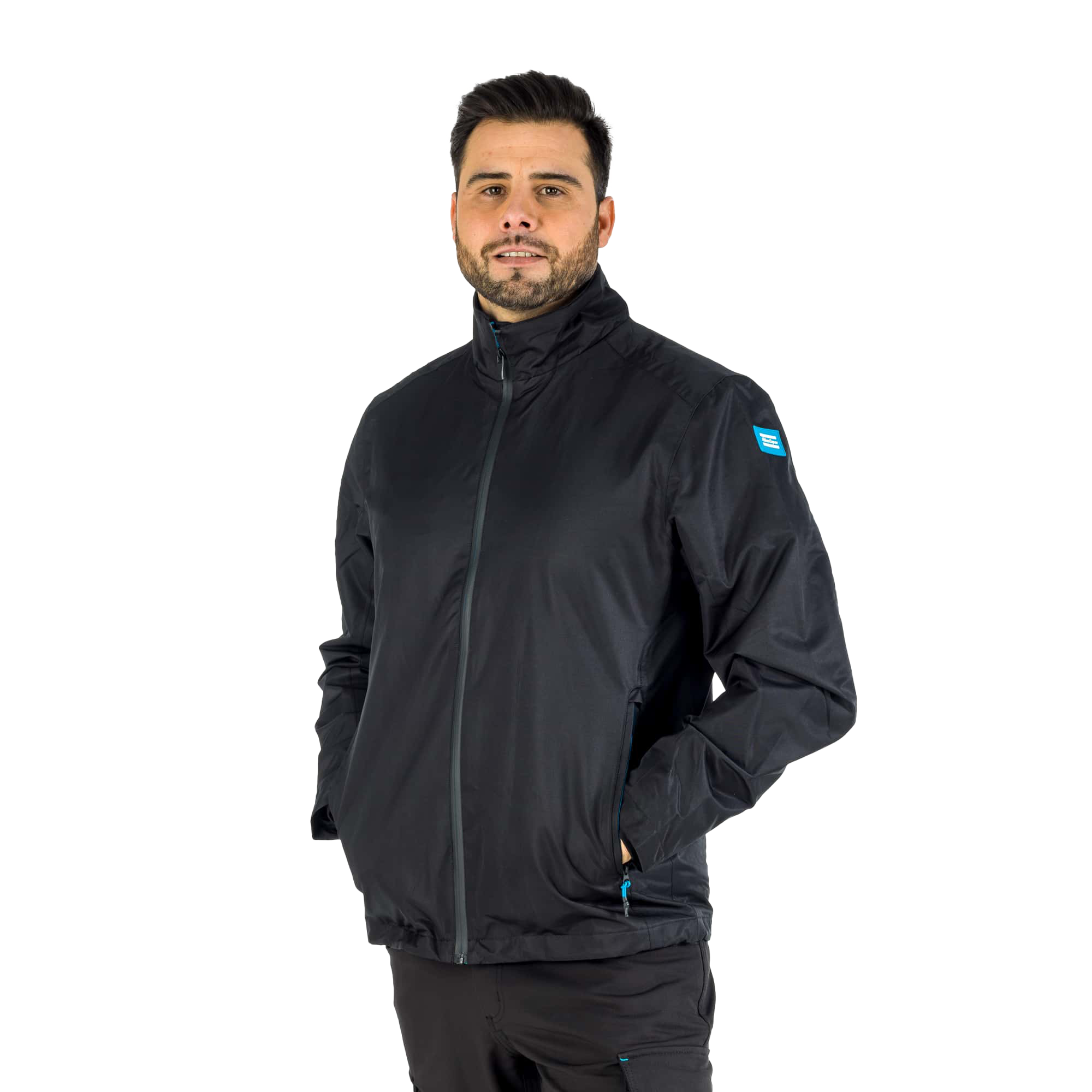 black jacket with atlas copco logo patch on sleeve