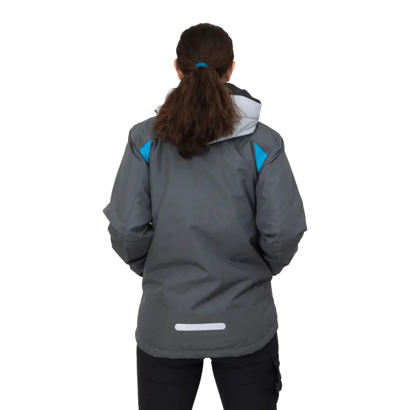 grey winter jacket with reflective strip on back bottom