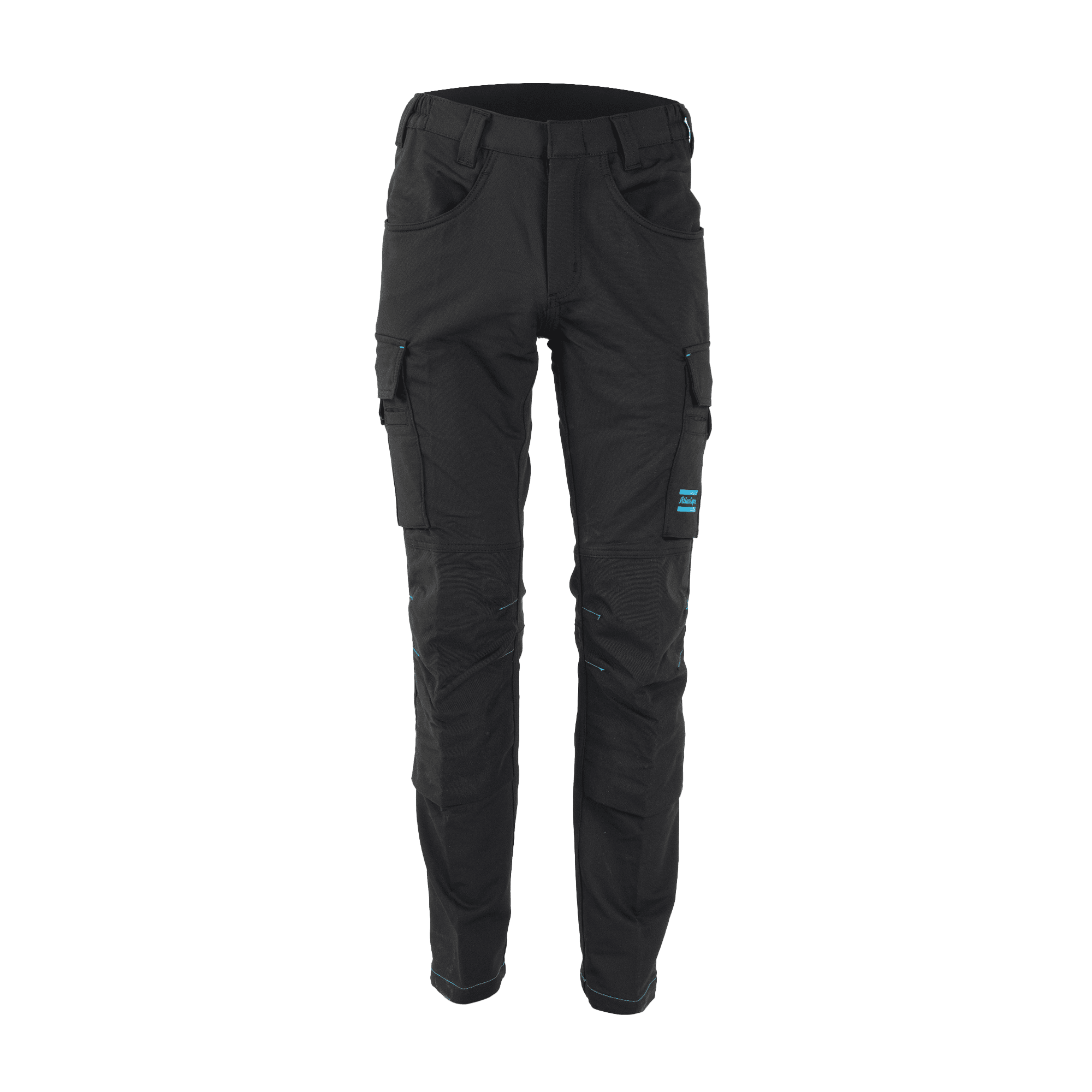black workpants with blue atlas copco logo