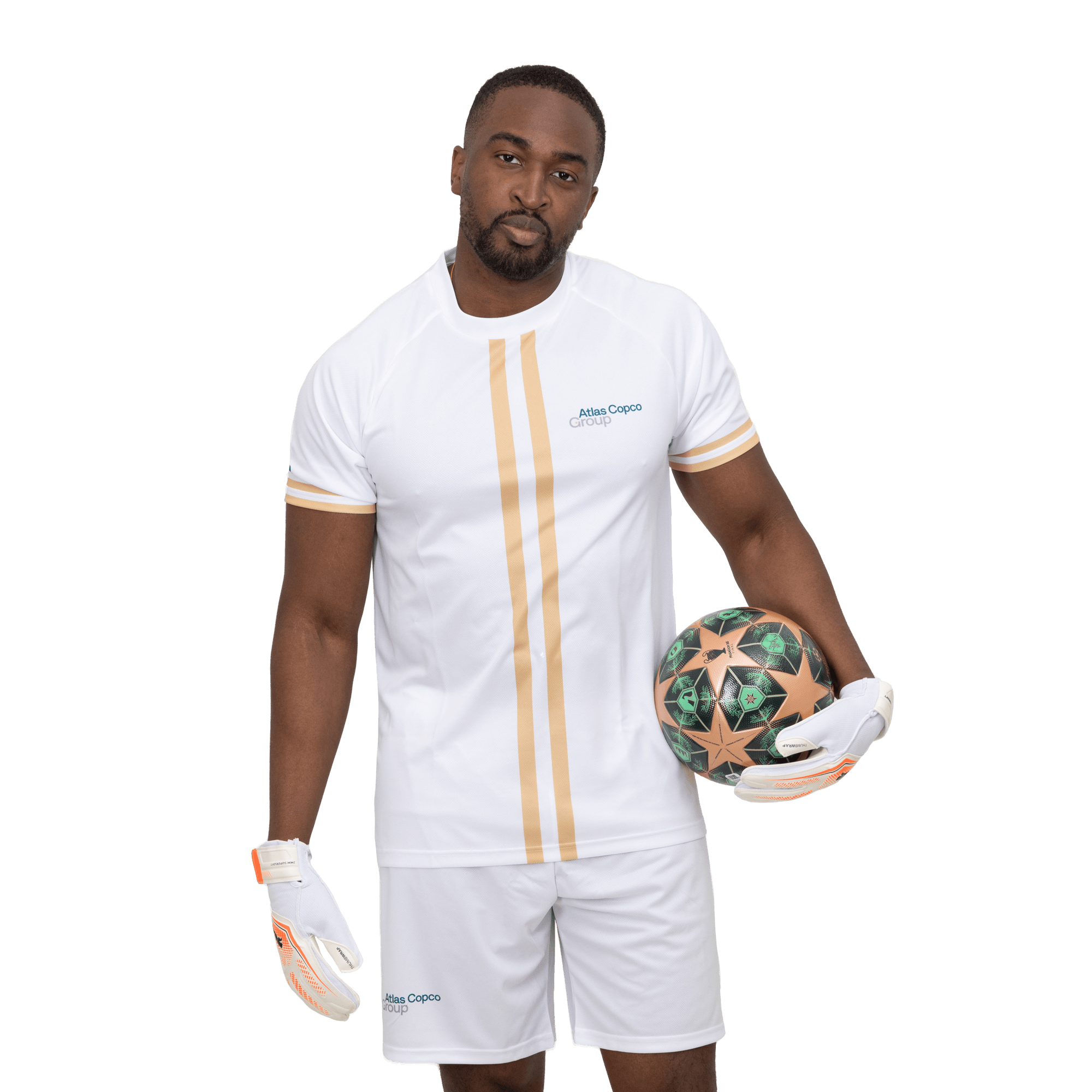 white soccer jersey clothes with atlas copco group logo
