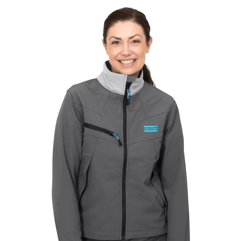 grey soft shell jacket with atlas copco logo in blue