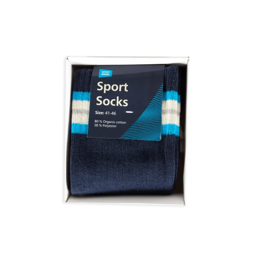 Navy blue socks in a box, atlas copco branded