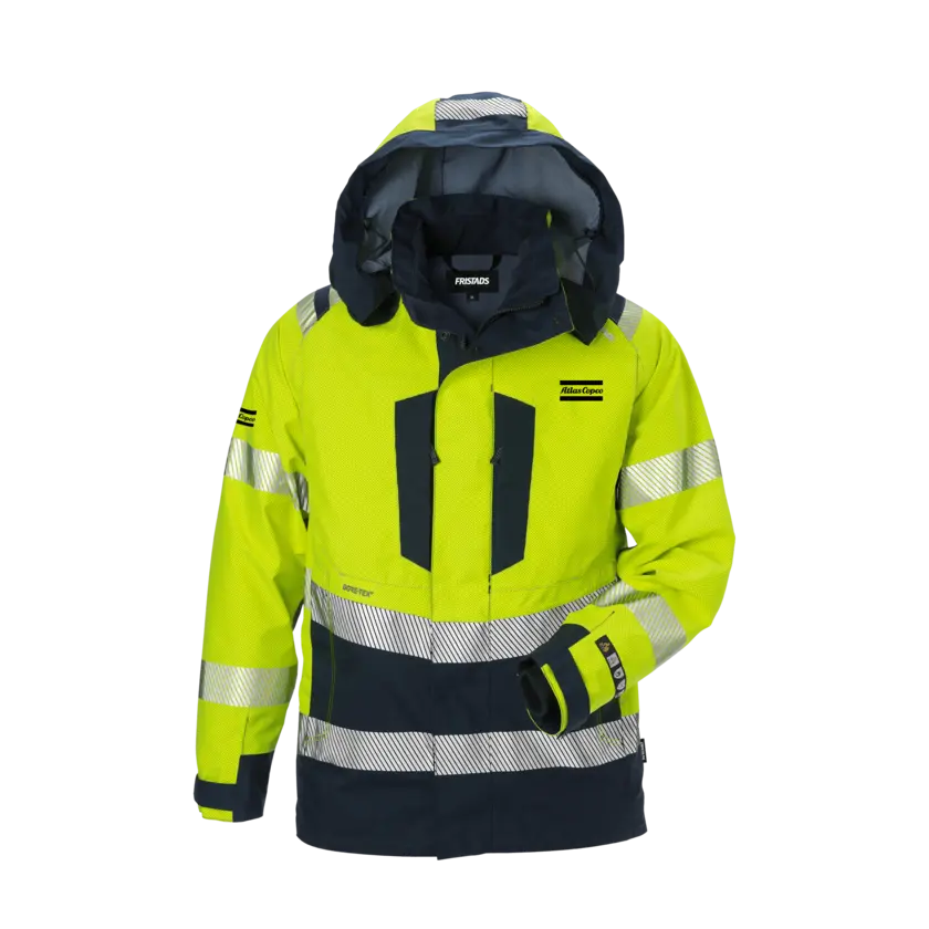 blue and reflective jacket with hood