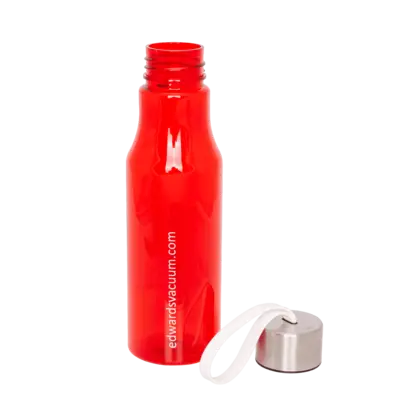 red transparent water bottle with edwards logo