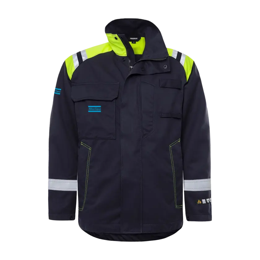 blue jacket with reflective details