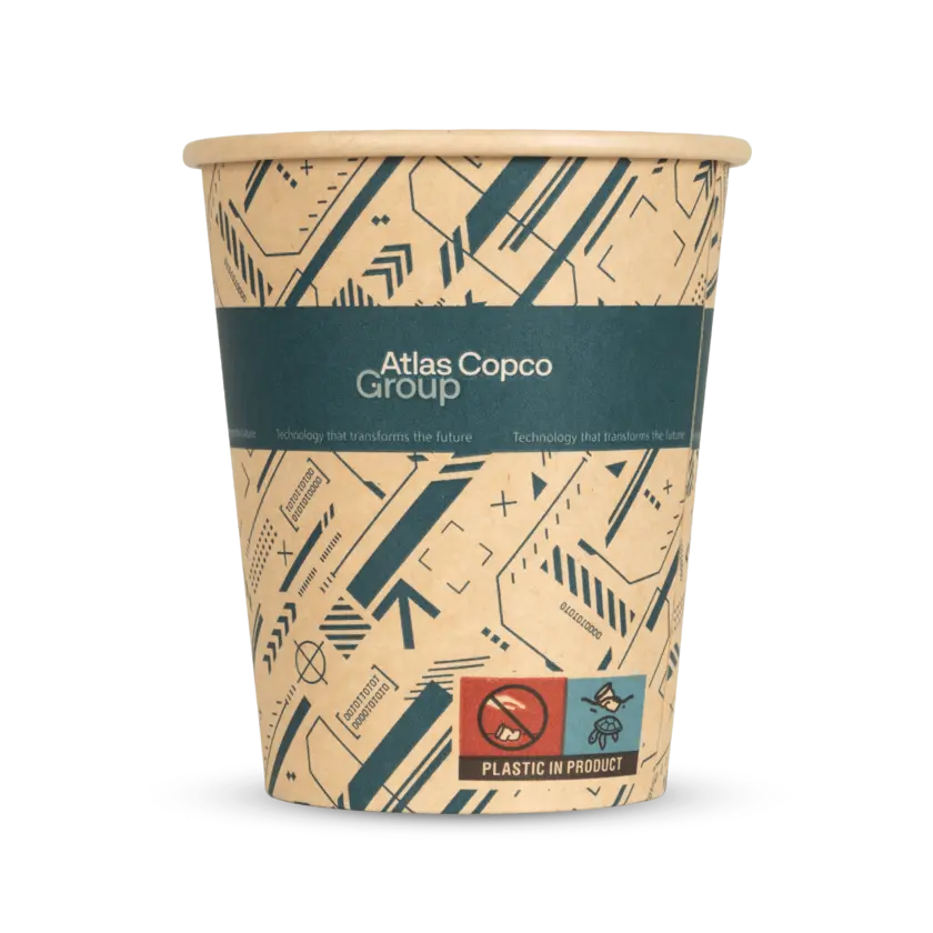 atlas copco group paper cups with teal pattern