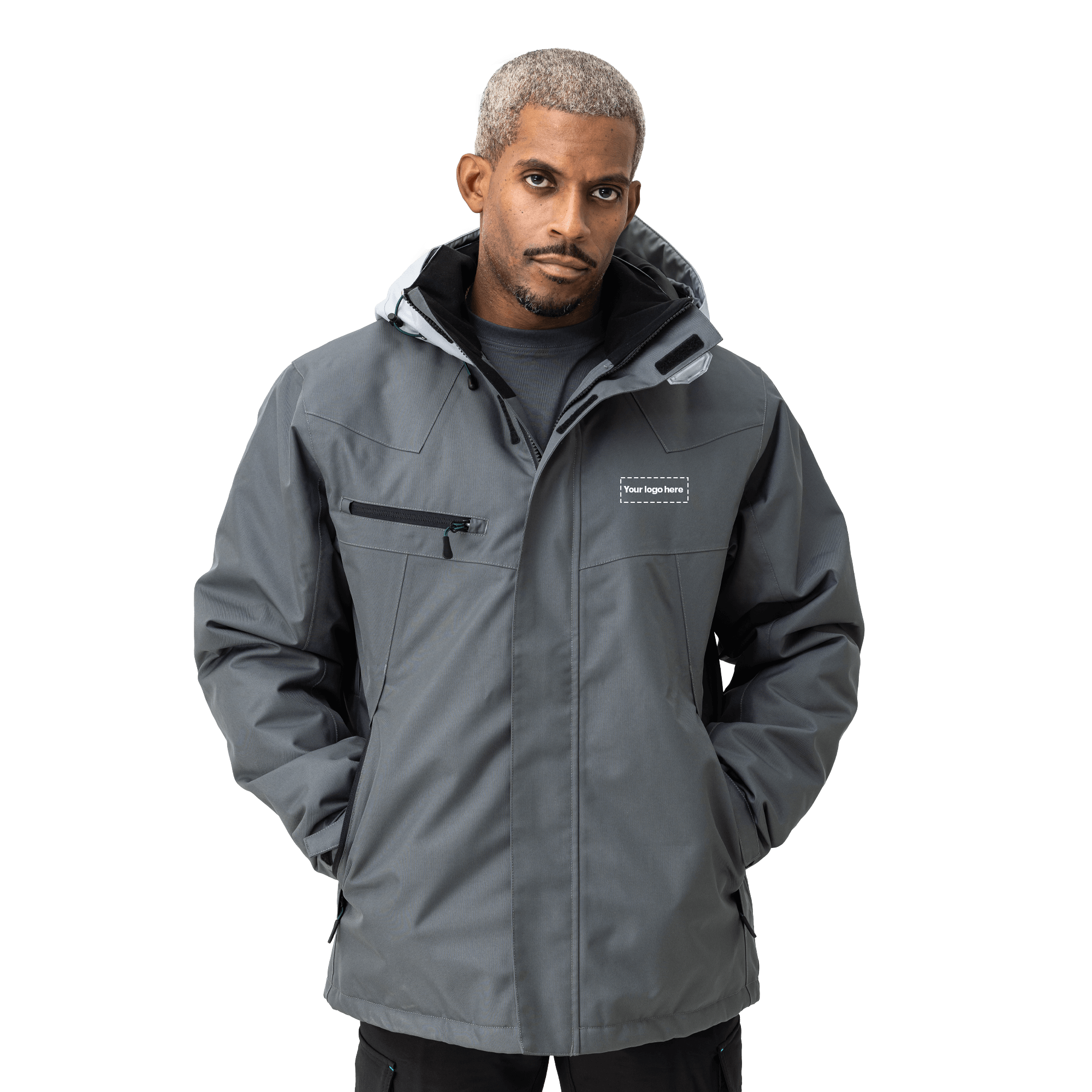 grey work wear jacket on male model