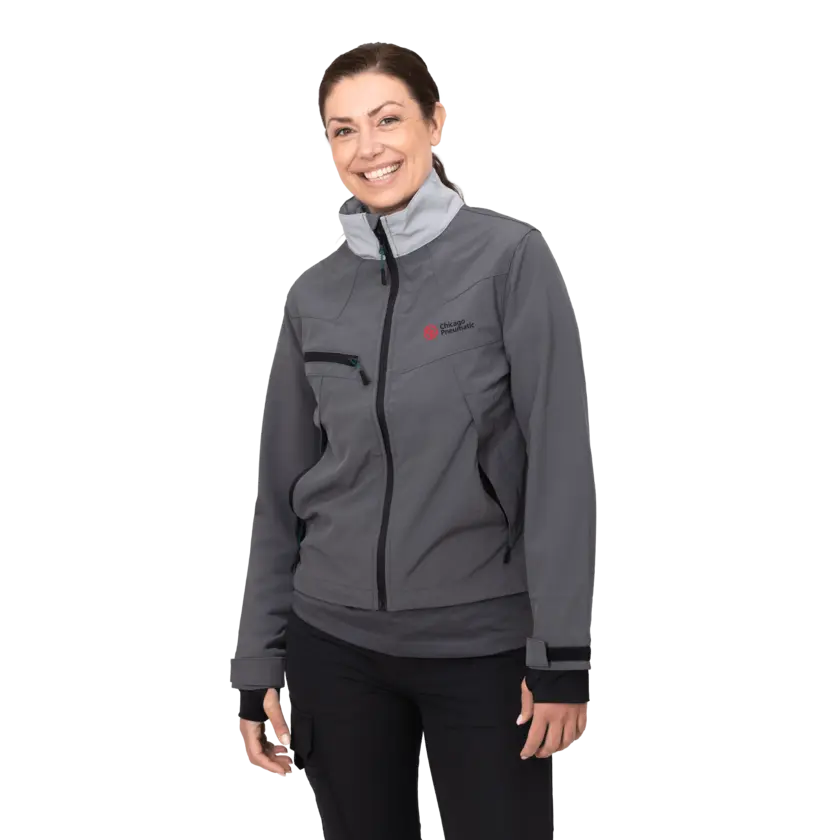 grey work wear jacket on female model