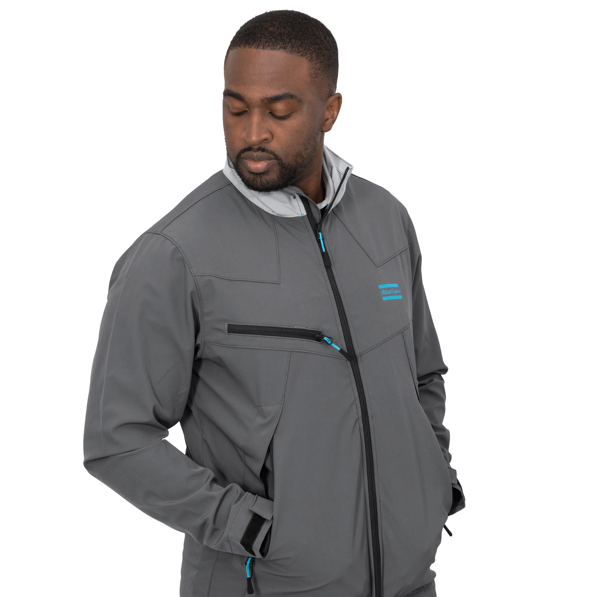 grey soft shell jacket with atlas copco logo in blue