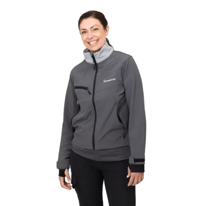 grey work wear jacket on female model