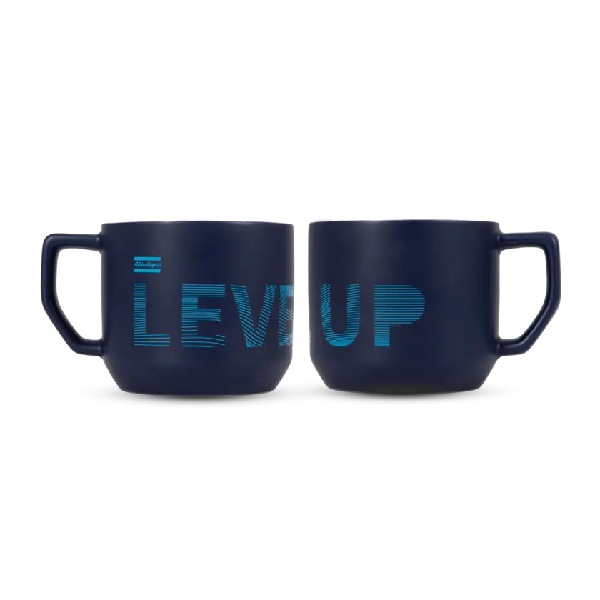 blue cheramic mug with atlas copco logo and level up the experience back and front