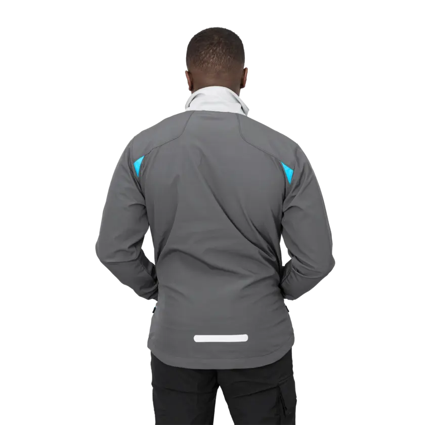 grey soft shell jacket with reflective strip on back bottom