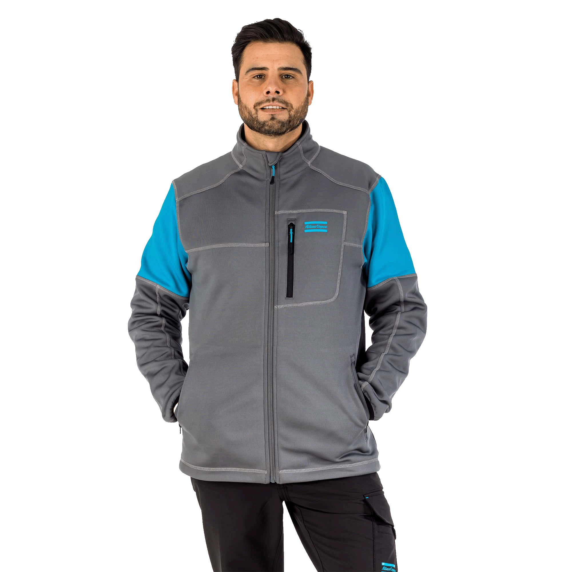 grey fleece jacket with atlas copco logo and blue sleeves