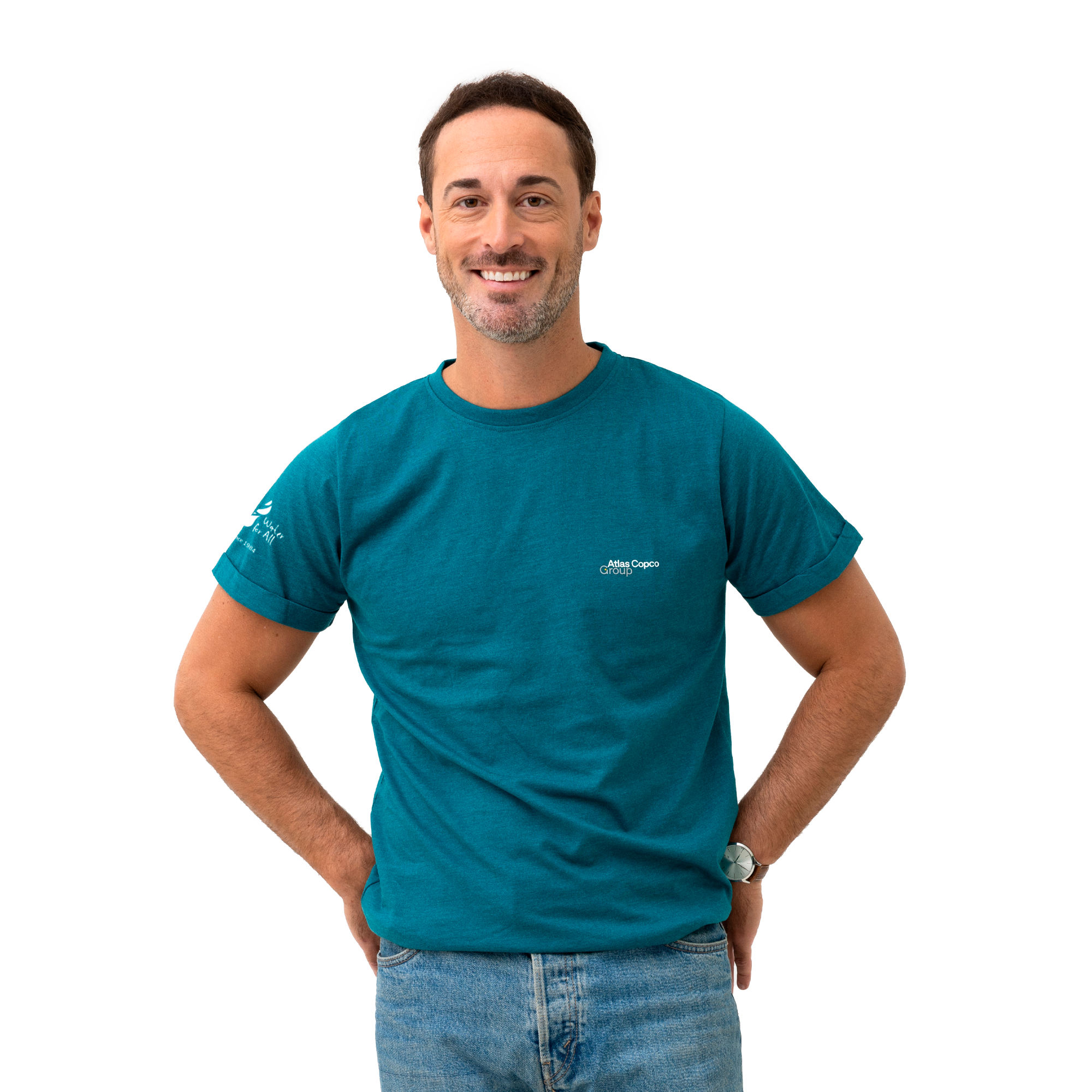 t-shirt in teal color with atlas copco group logo on male model