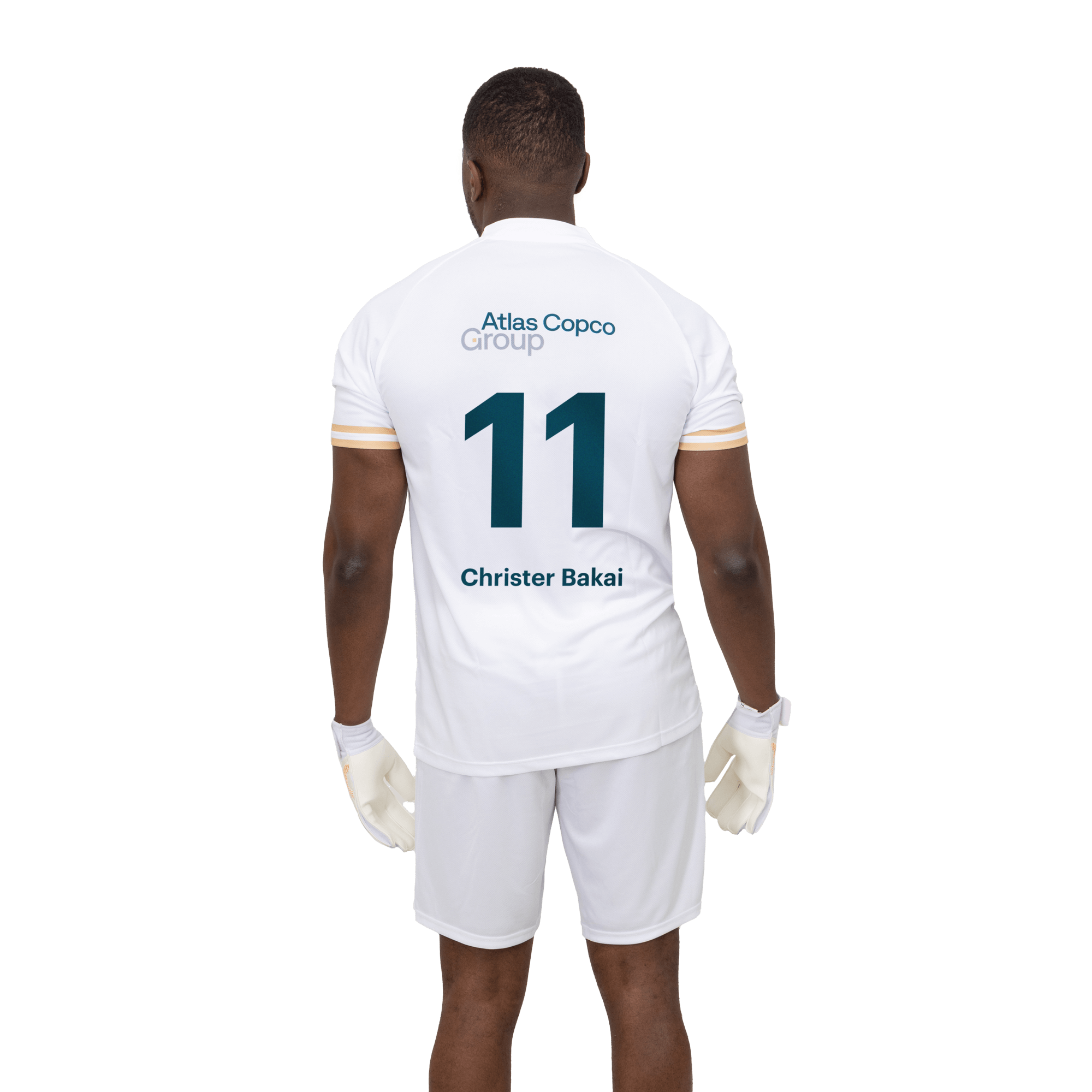 white soccer jersey clothes with atlas copco group logo back
