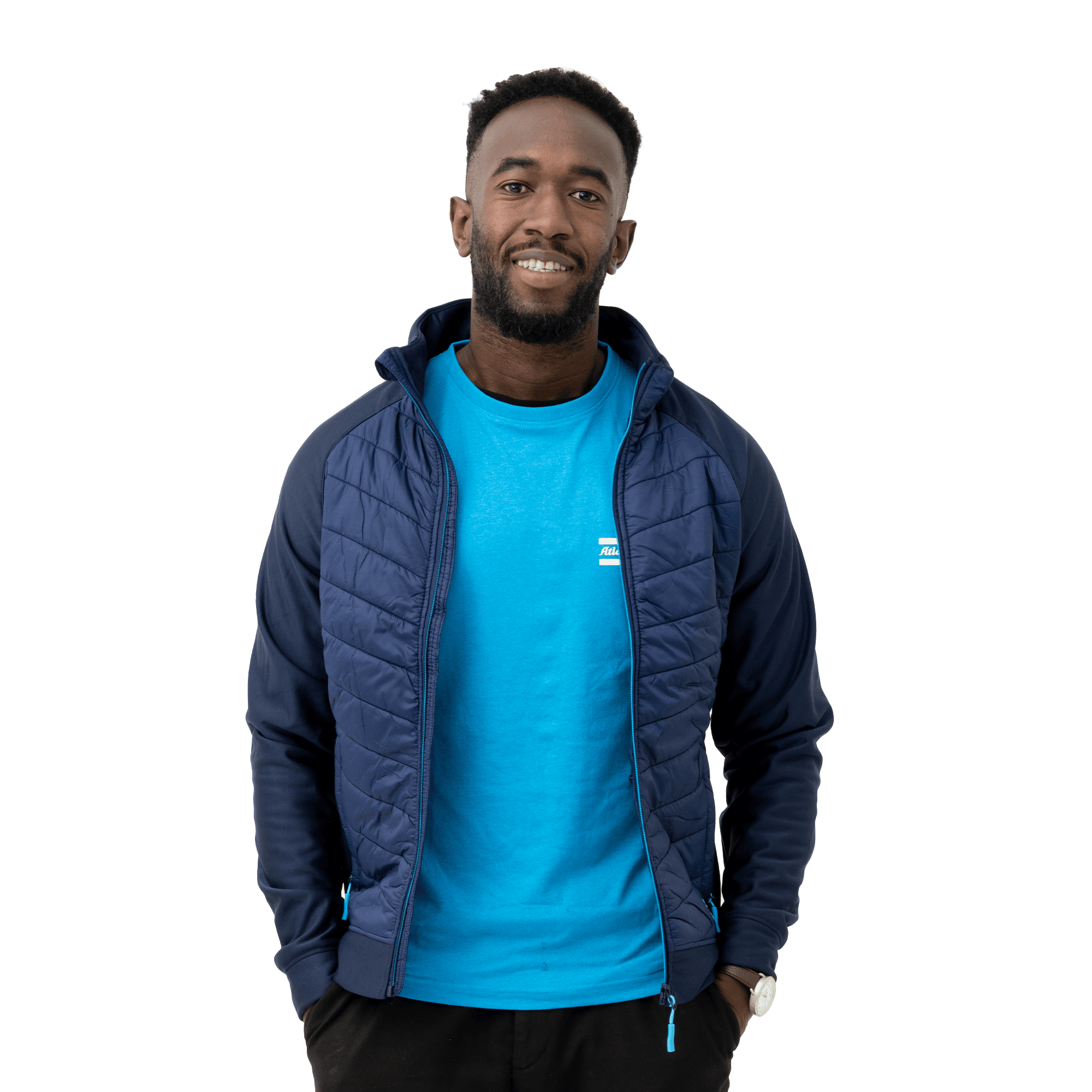 crossover jacket in navy color and atlas copco logo patch