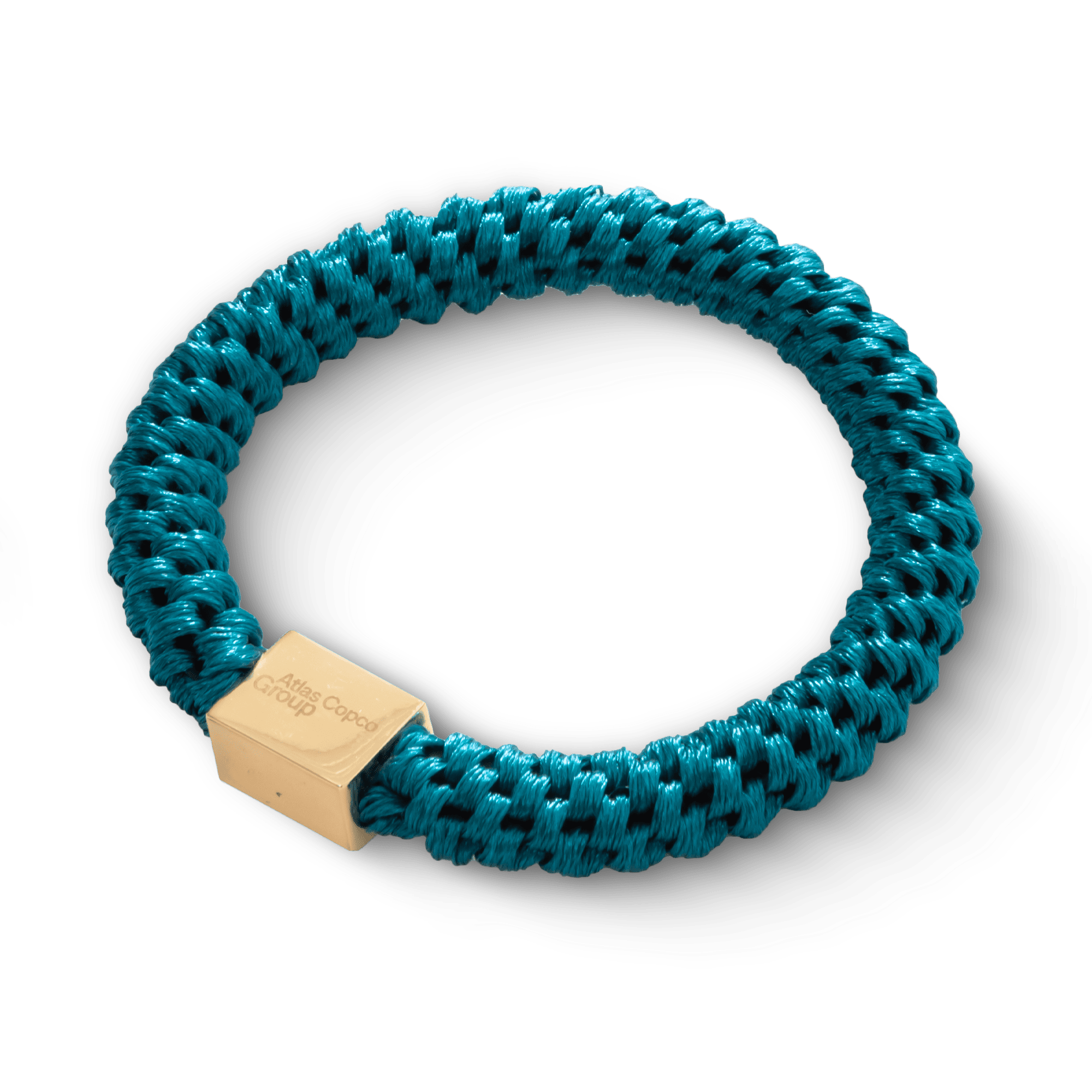 teal hair tie with golded box and atlas copco group logo