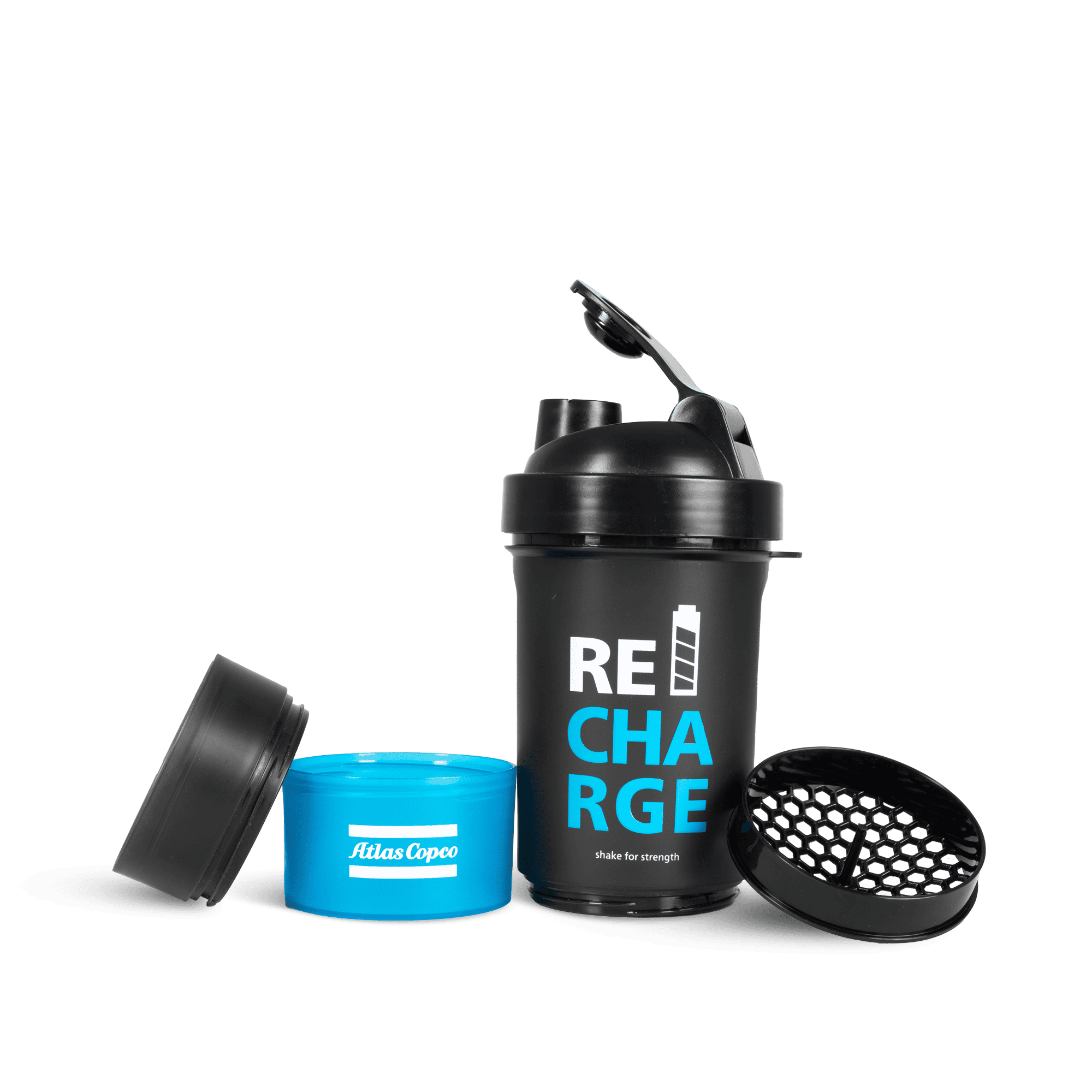 black and blue shaker with atlas copco logo in white and all the different parts 