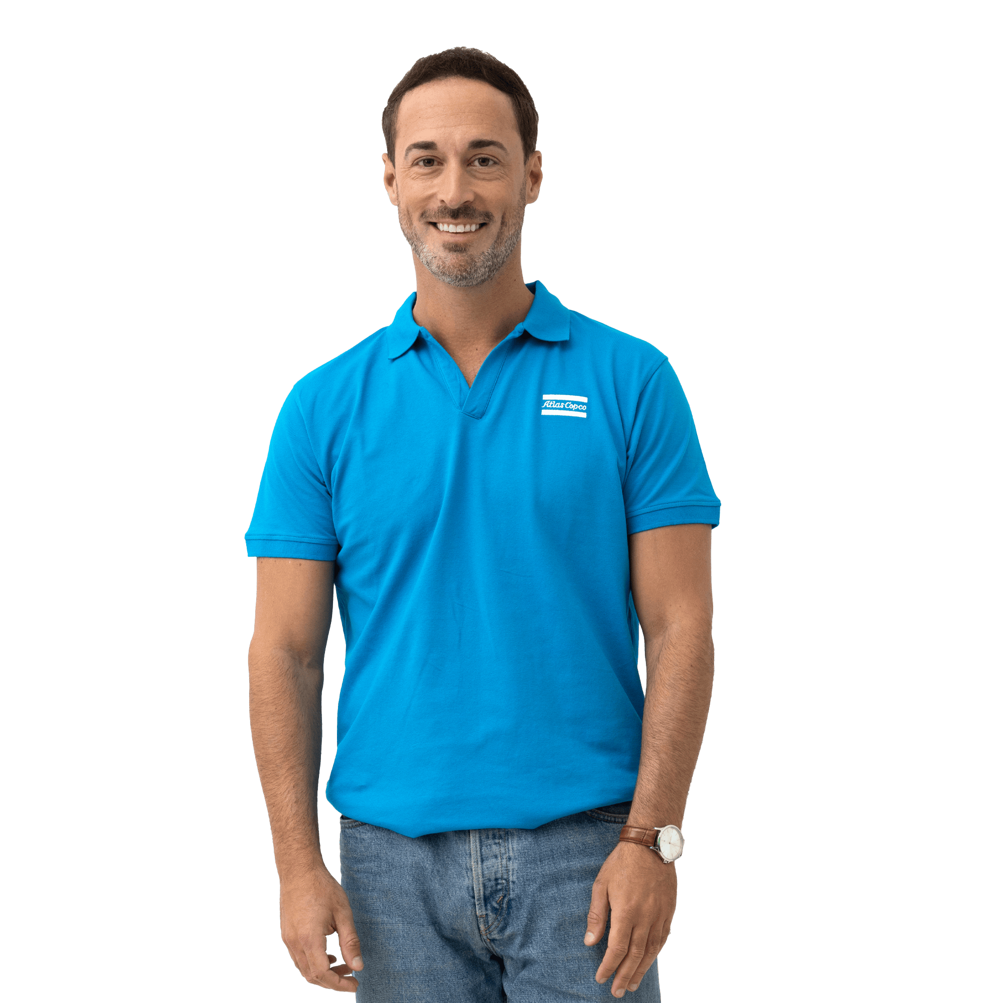 blue polo with atlas copco logo in white