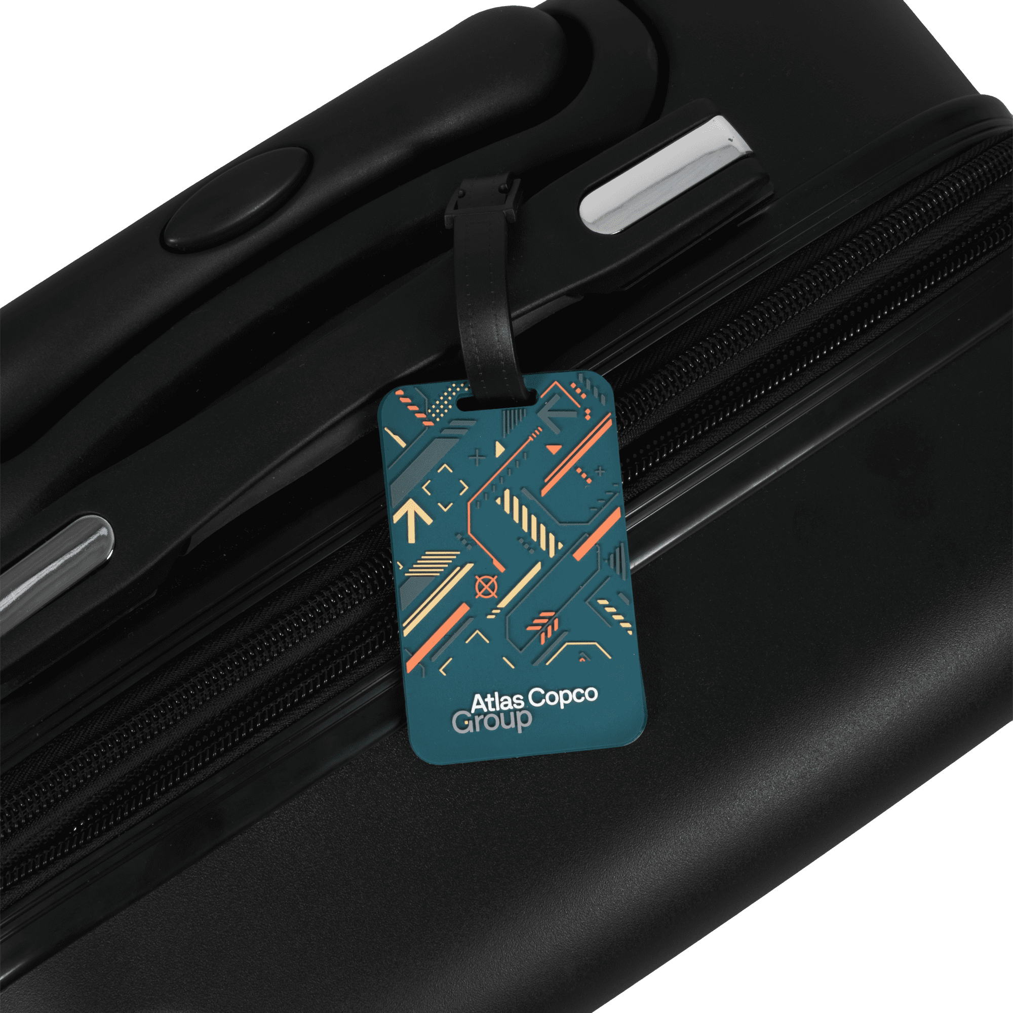 luggage tag with atlas copco group logo and pattern on trolley bag