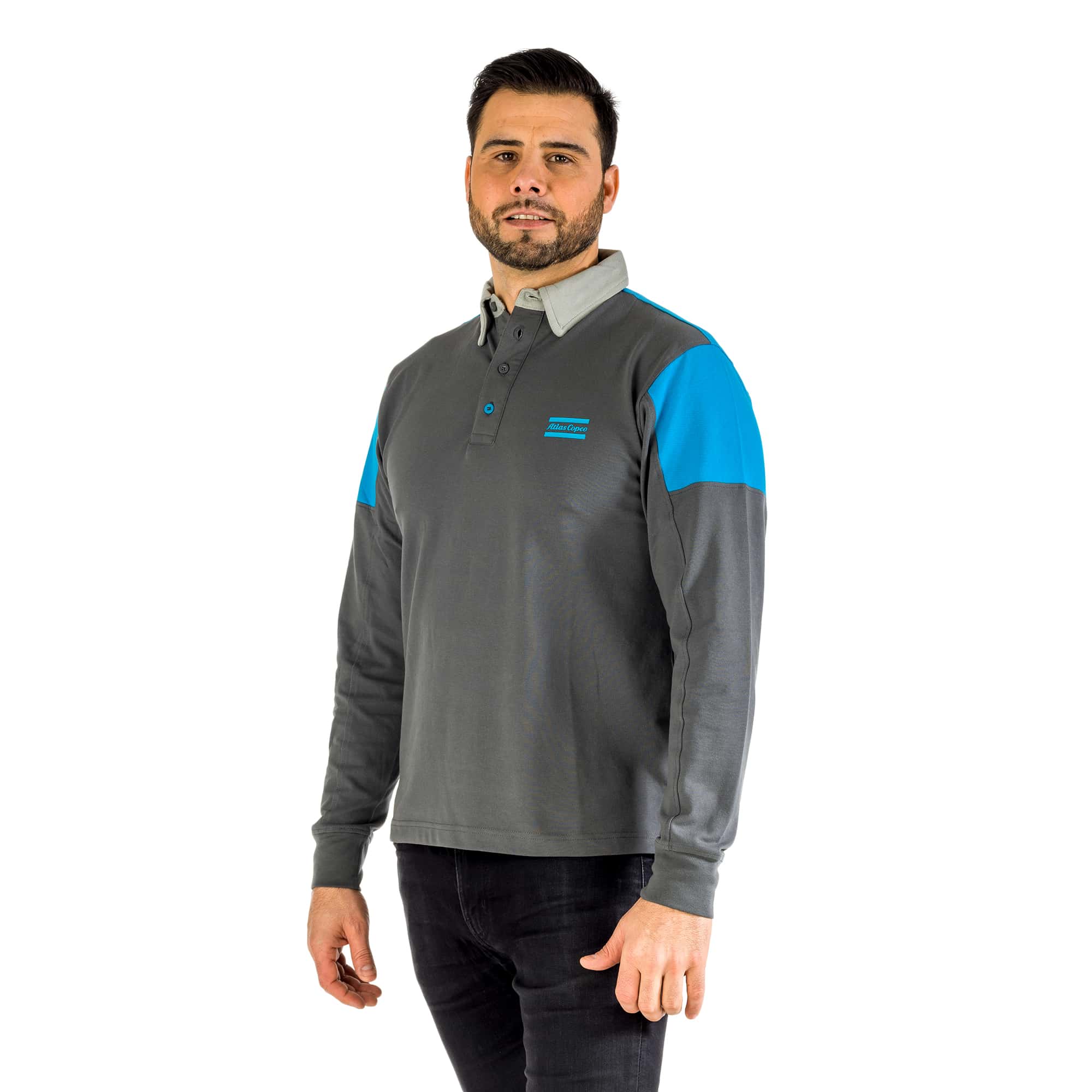 grey polo with blue shoulders and atlas copco logo