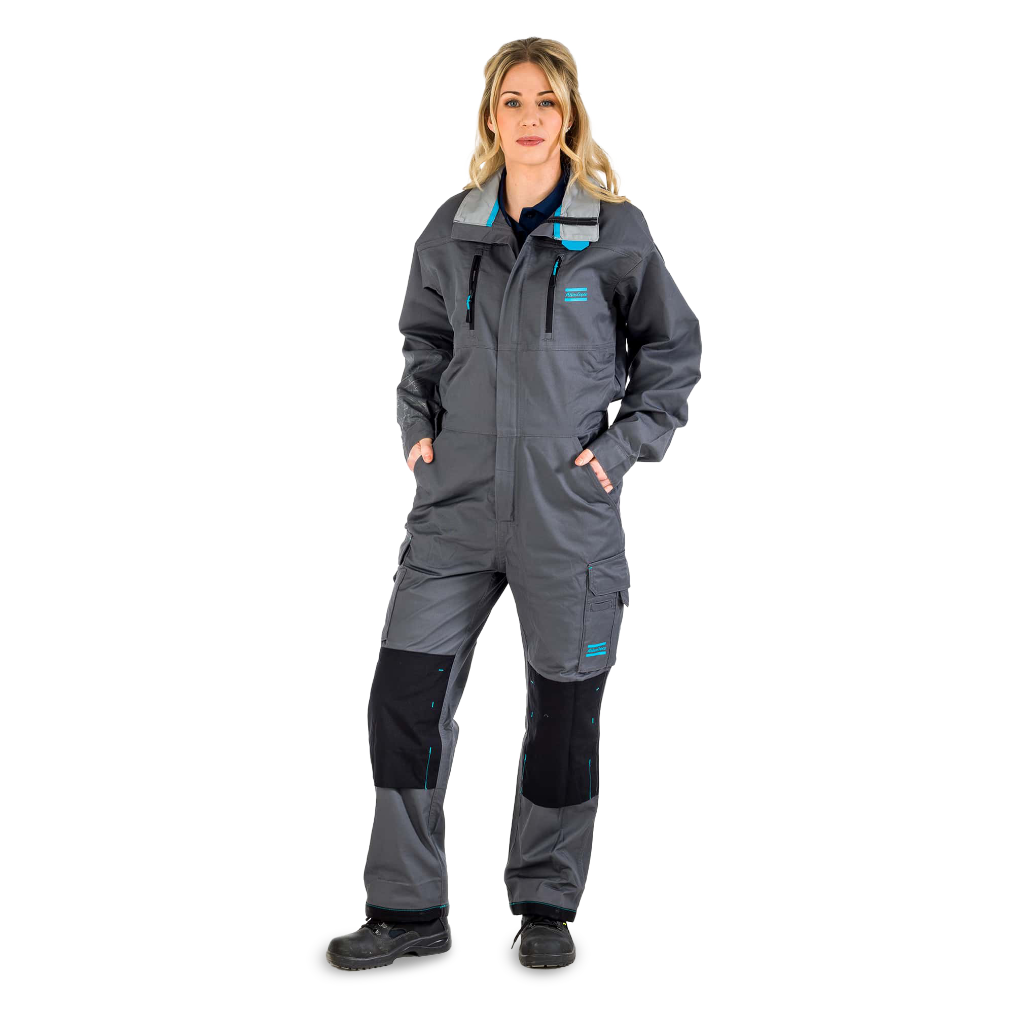 grey coverall with atlas copco logo