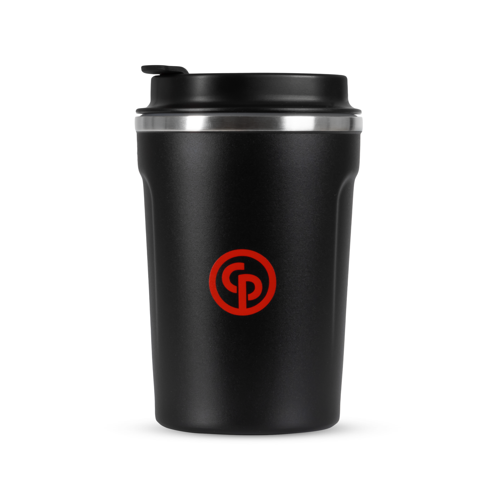 black travel mug with chicago pneumatic logo in red